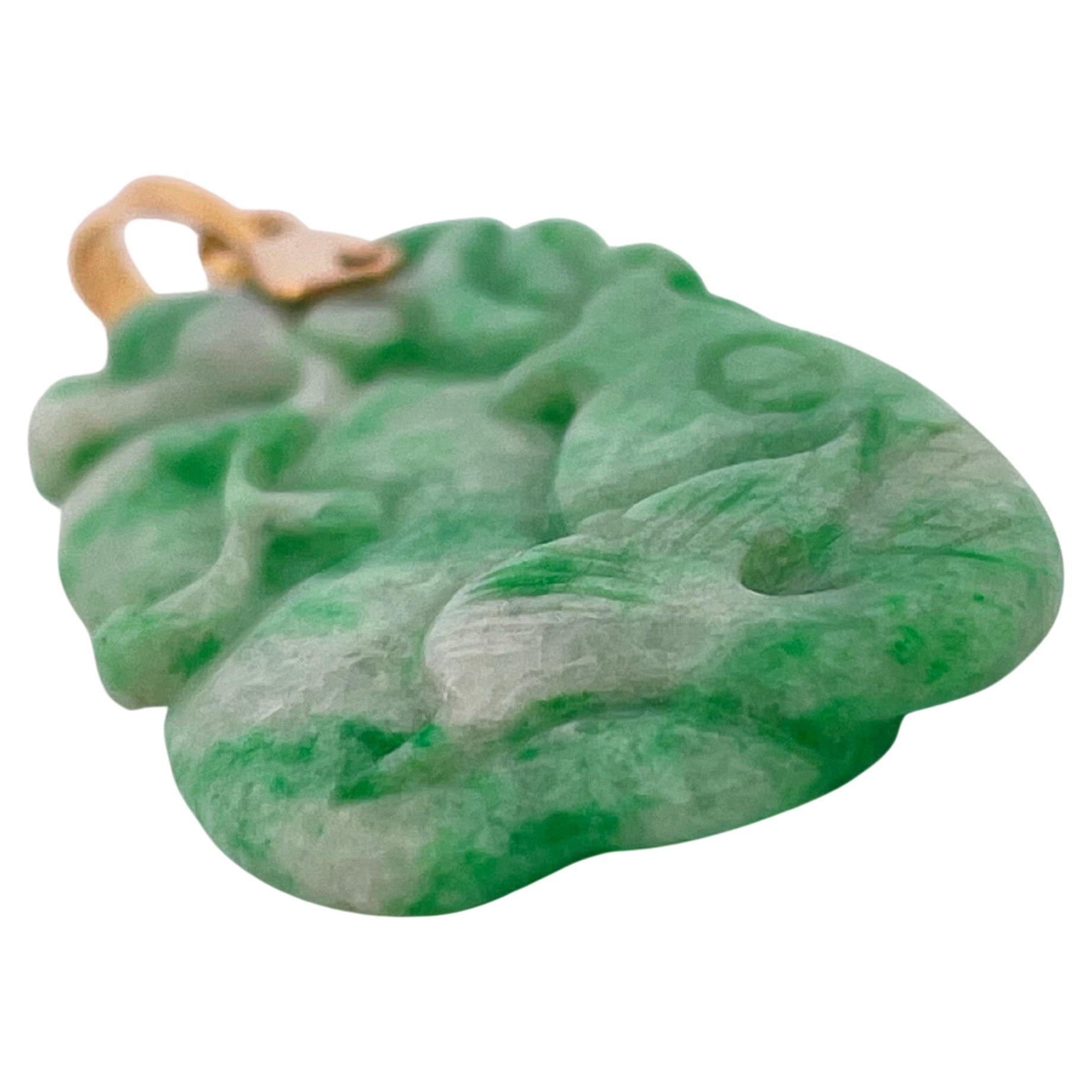 Uncut Hand Carved Green Jade Pendant with 14k Yellow Gold Bail For Sale