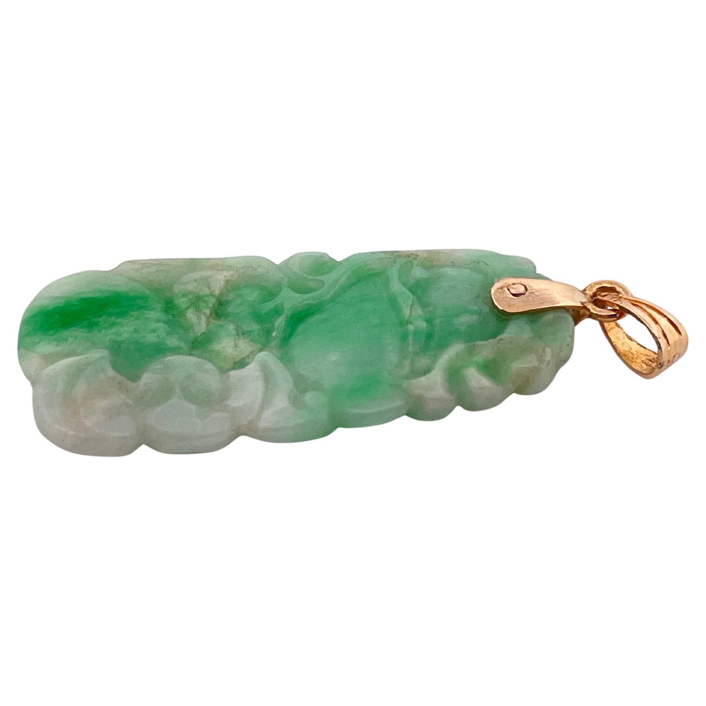 Uncut Hand carved Green Jade Pendant with 14k Yellow Gold Bail For Sale