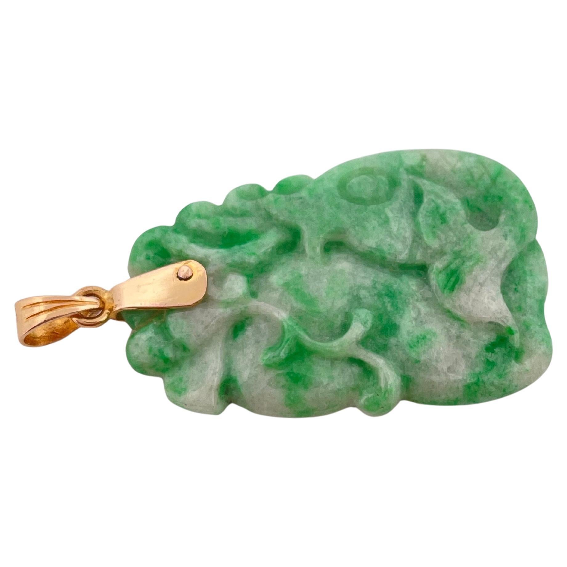 Hand Carved Green Jade Pendant with 14k Yellow Gold Bail In Good Condition For Sale In Sewickley, PA