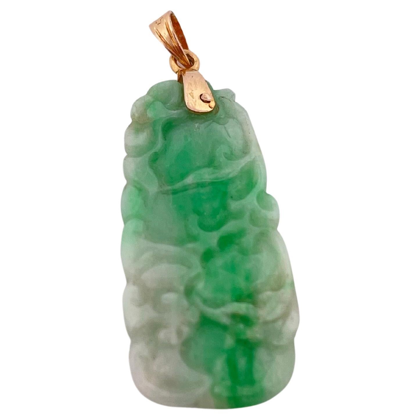 Hand carved Green Jade Pendant with 14k Yellow Gold Bail In Good Condition For Sale In Sewickley, PA