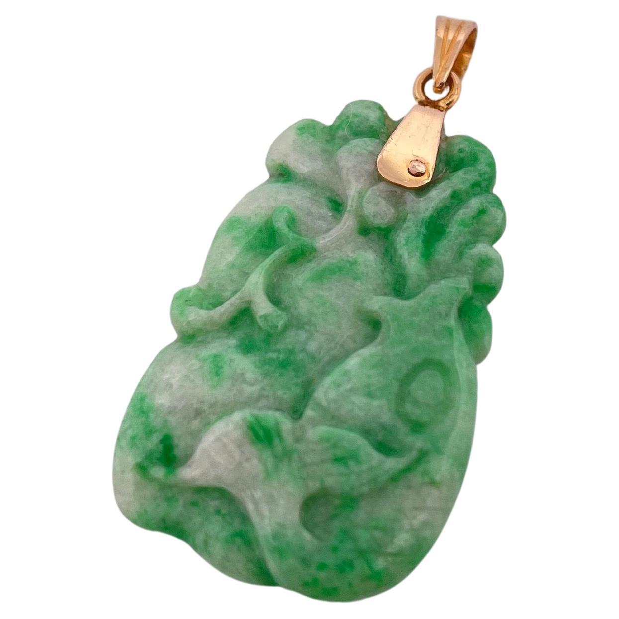 Women's or Men's Hand Carved Green Jade Pendant with 14k Yellow Gold Bail For Sale