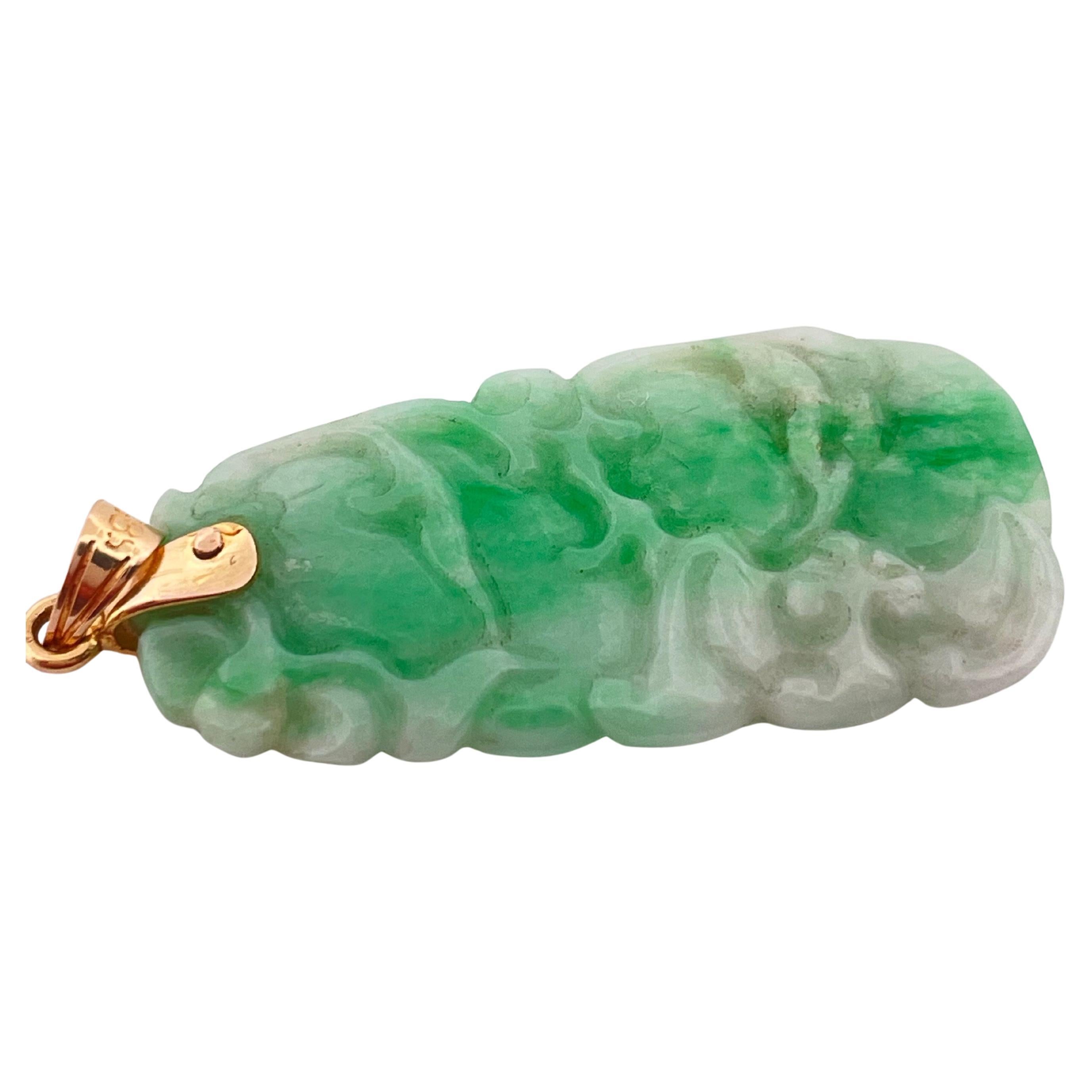 Women's or Men's Hand carved Green Jade Pendant with 14k Yellow Gold Bail For Sale