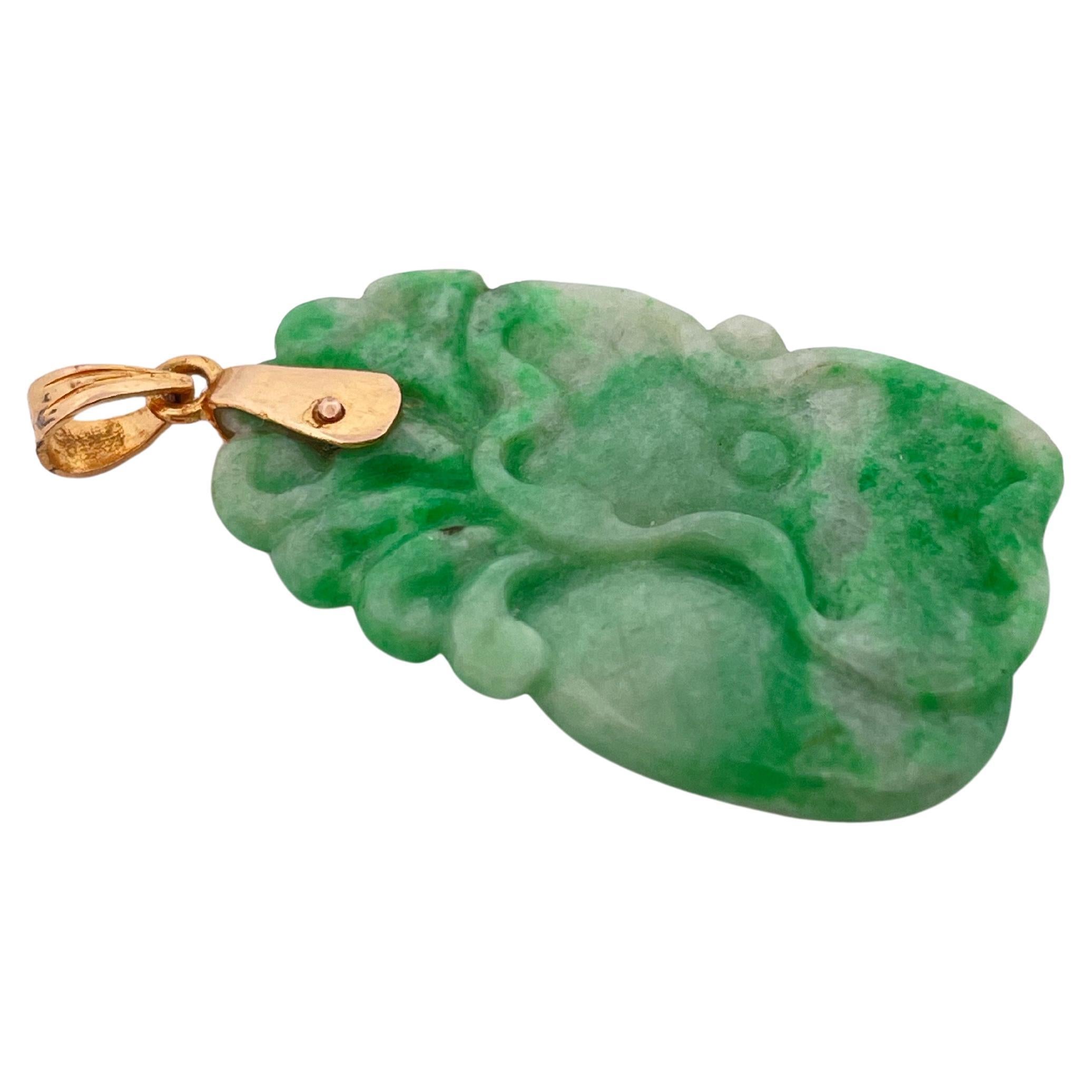Hand Carved Green Jade Pendant with 14k Yellow Gold Bail For Sale 1