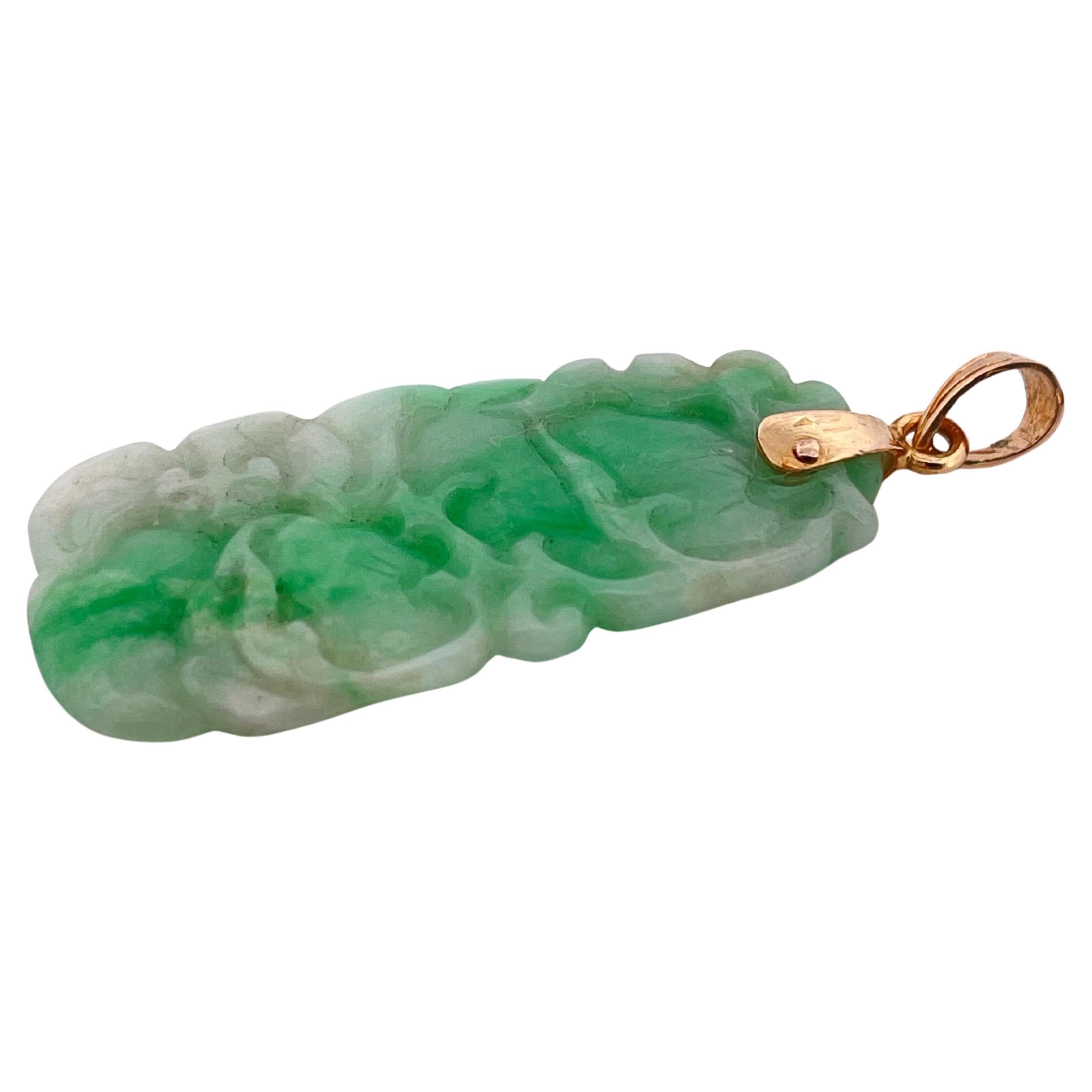 Hand carved Green Jade Pendant with 14k Yellow Gold Bail For Sale 1