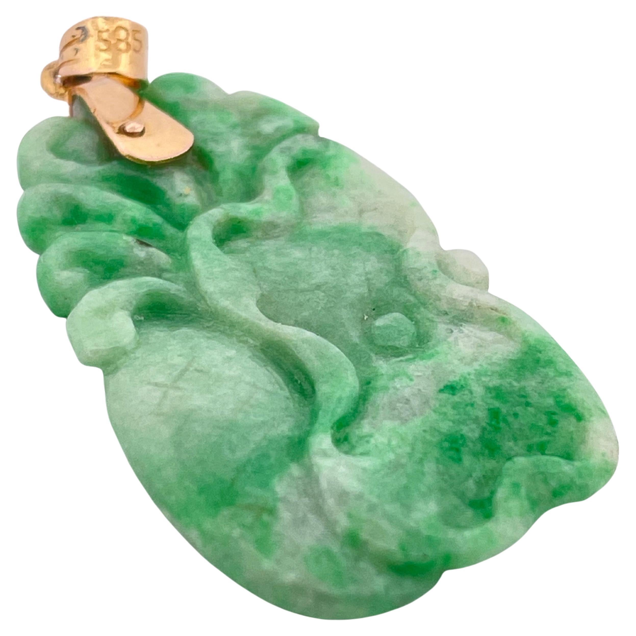 Hand Carved Green Jade Pendant with 14k Yellow Gold Bail For Sale 2