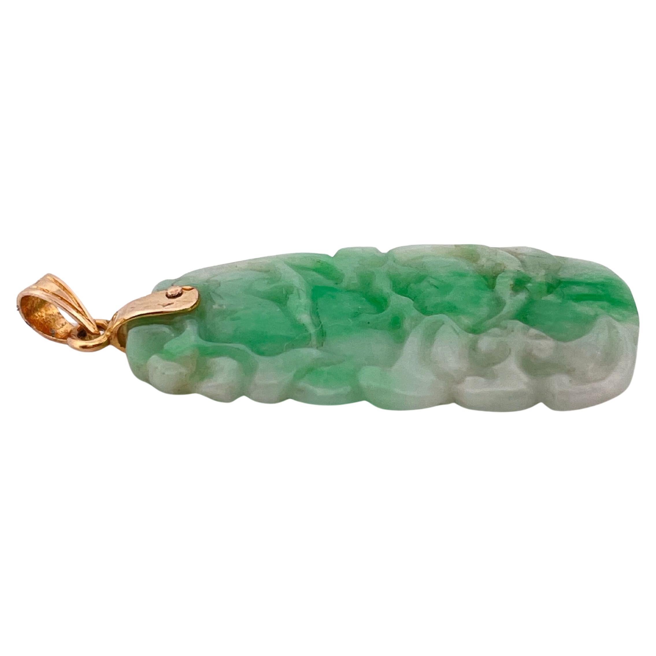 Hand carved Green Jade Pendant with 14k Yellow Gold Bail For Sale 2