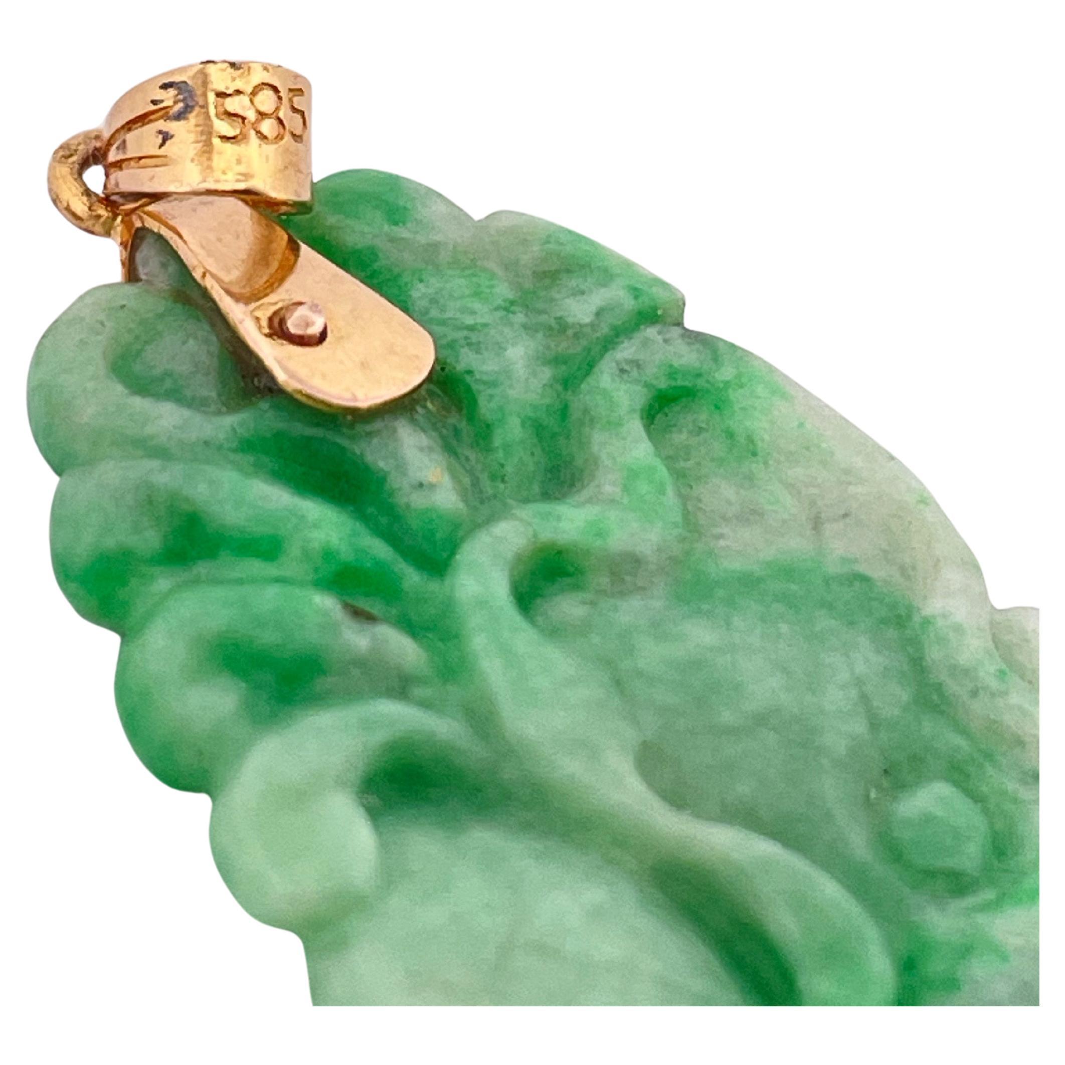 Hand Carved Green Jade Pendant with 14k Yellow Gold Bail For Sale 3