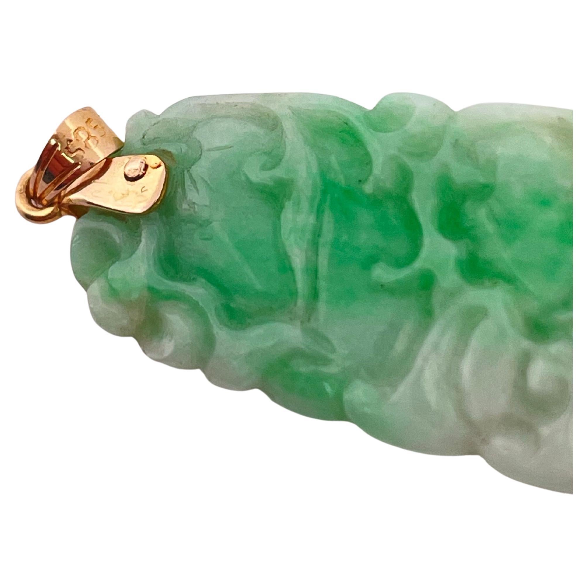 Hand carved Green Jade Pendant with 14k Yellow Gold Bail For Sale 3