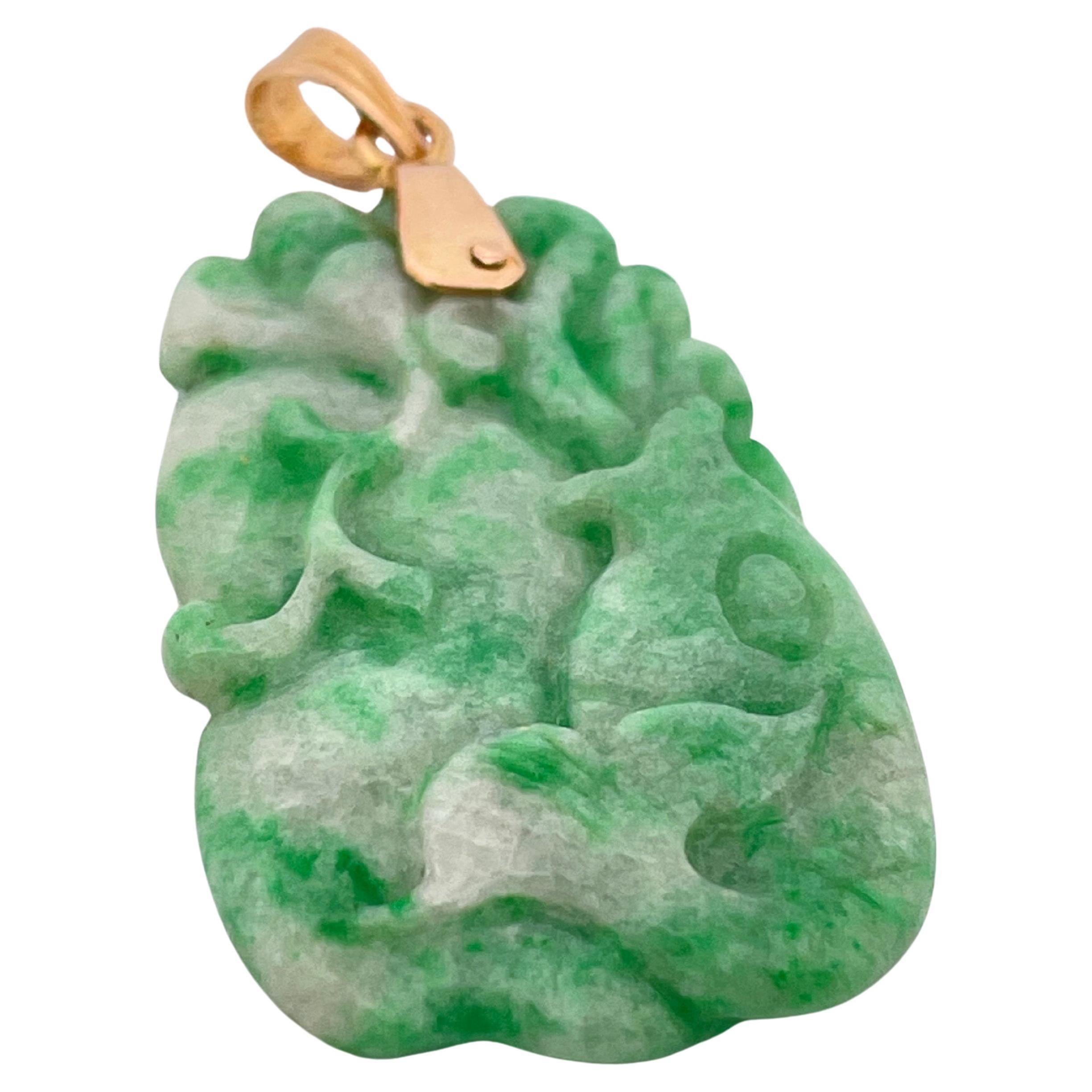 Hand Carved Green Jade Pendant with 14k Yellow Gold Bail