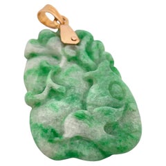 Hand Carved Green Jade Pendant with 14k Yellow Gold Bail