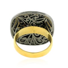 Hand-Carved Green Jade Statement Ring With Diamonds In 18k Yellow Gold & Silver