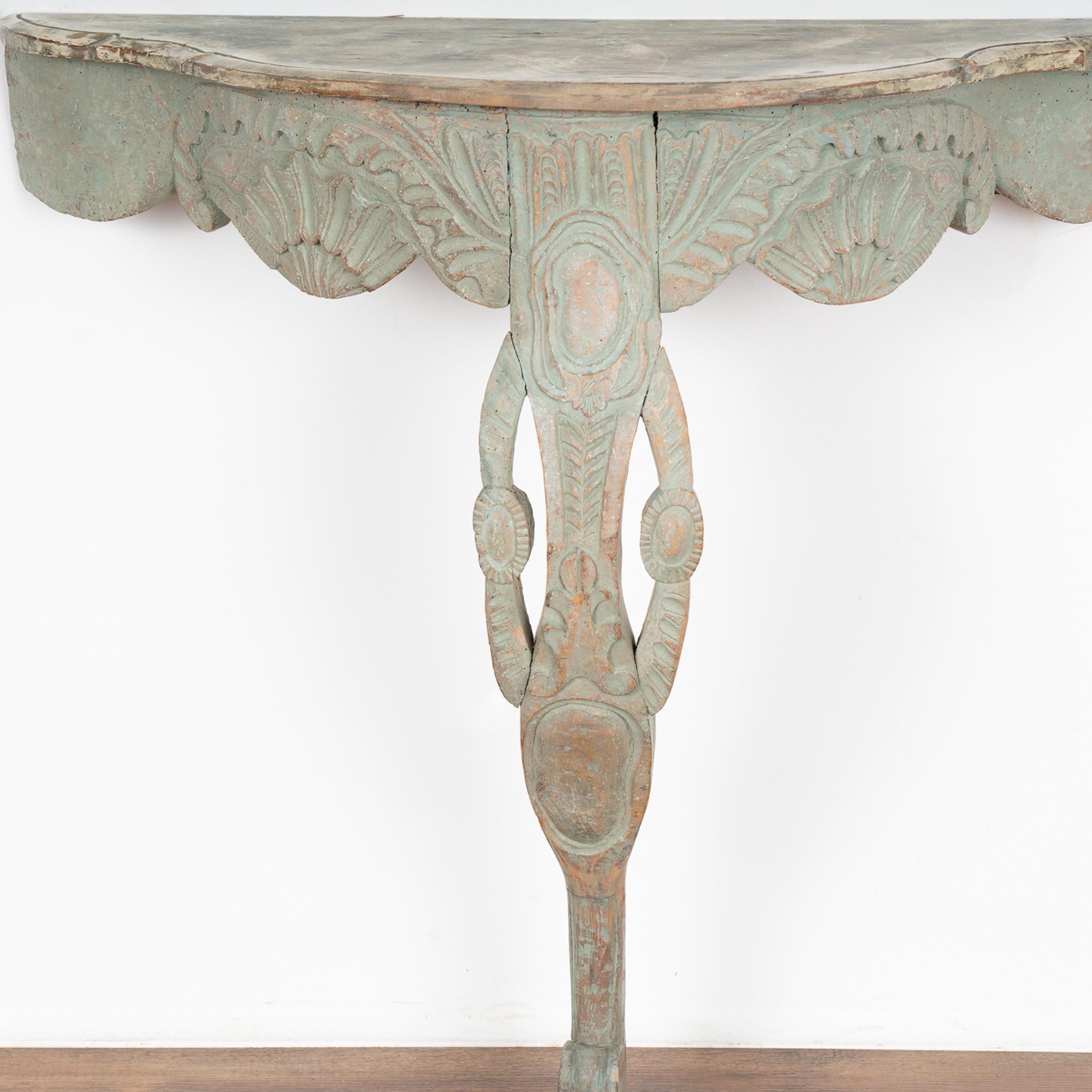 Rococo Hand Carved Green Single Leg Console Table, Norway, circa 1750-70