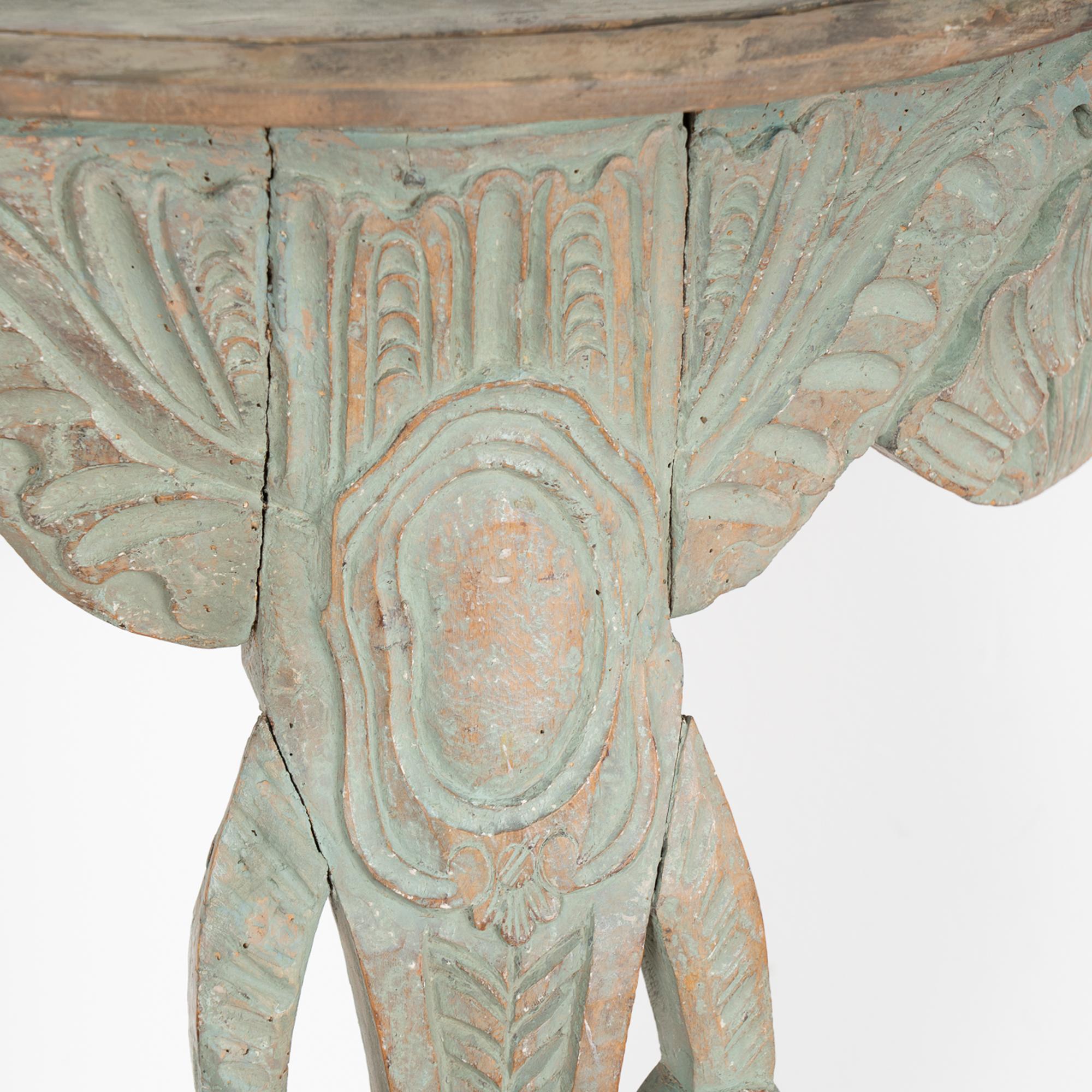 Hand-Painted Hand Carved Green Single Leg Console Table, Norway, circa 1750-70
