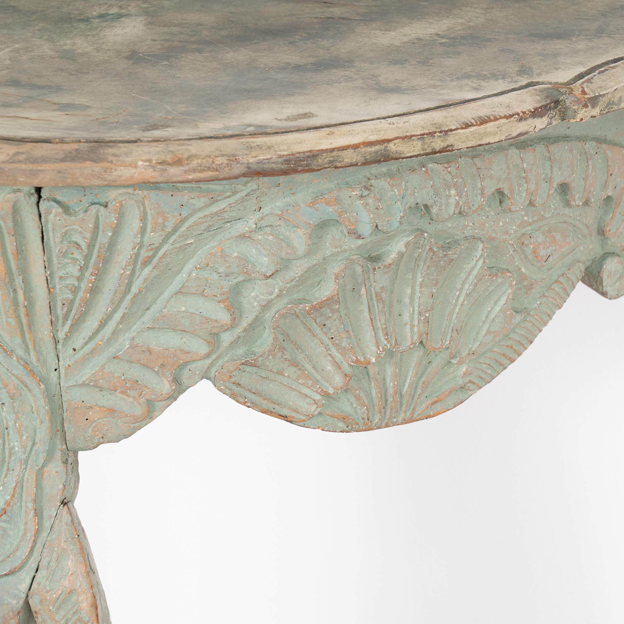 Wood Hand Carved Green Single Leg Console Table, Norway, circa 1750-70