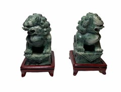 Hand Carved Green Stone Small Chinese Foo-Dogs Sculptures/Figurines