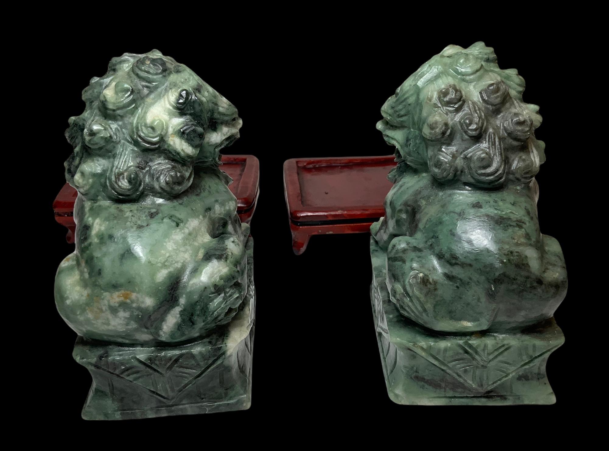 Chinese Export Hand Carved Green Stone Small Chinese Foo-Dogs Sculptures/Figurines For Sale