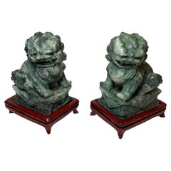 Hand Carved Green Stone Small Chinese Foo-Dogs Sculptures/Figurines
