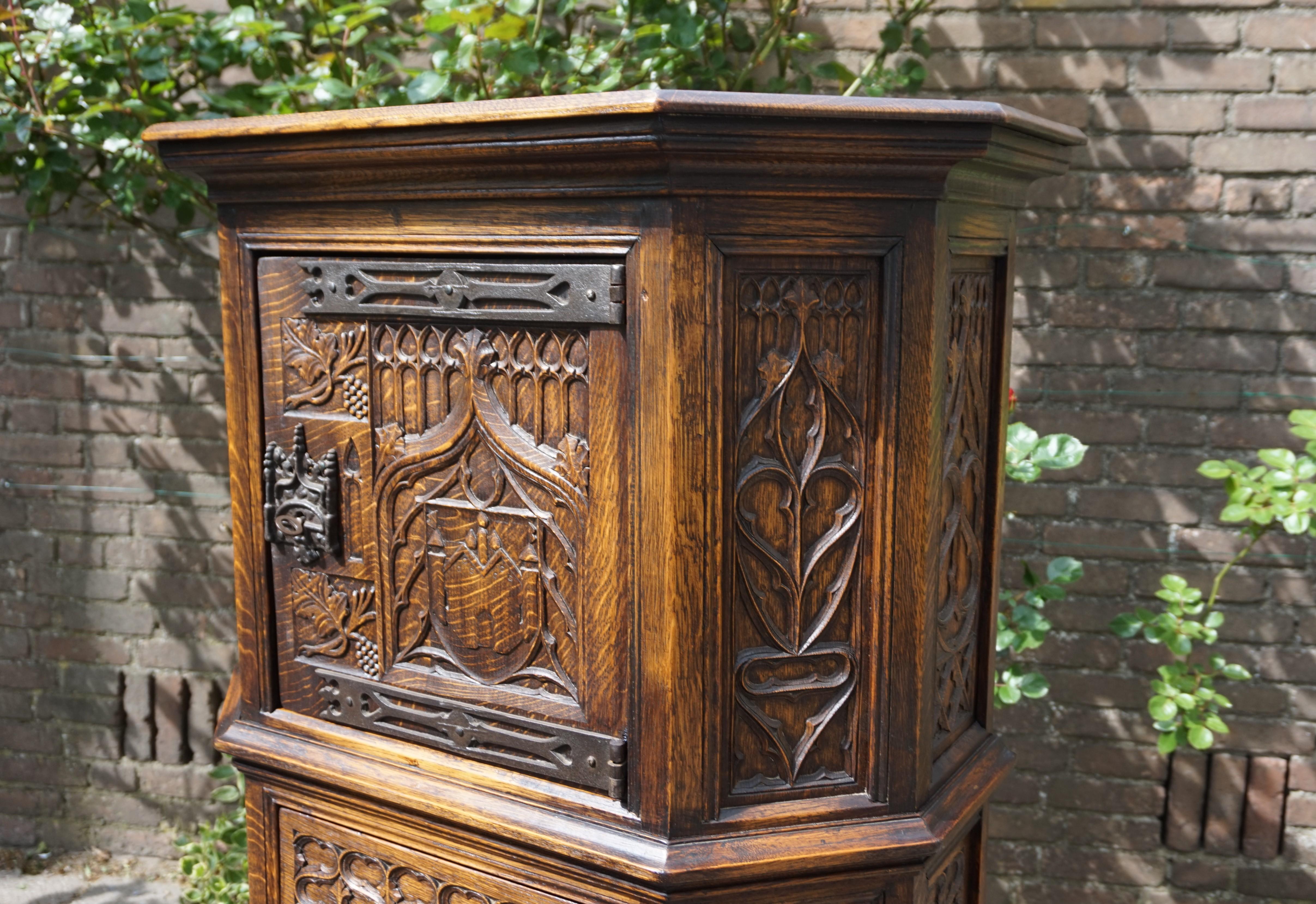 Iron Hand Carved and Half Open Gothic Revival Credenza or Drinks Cabinet with Drawer