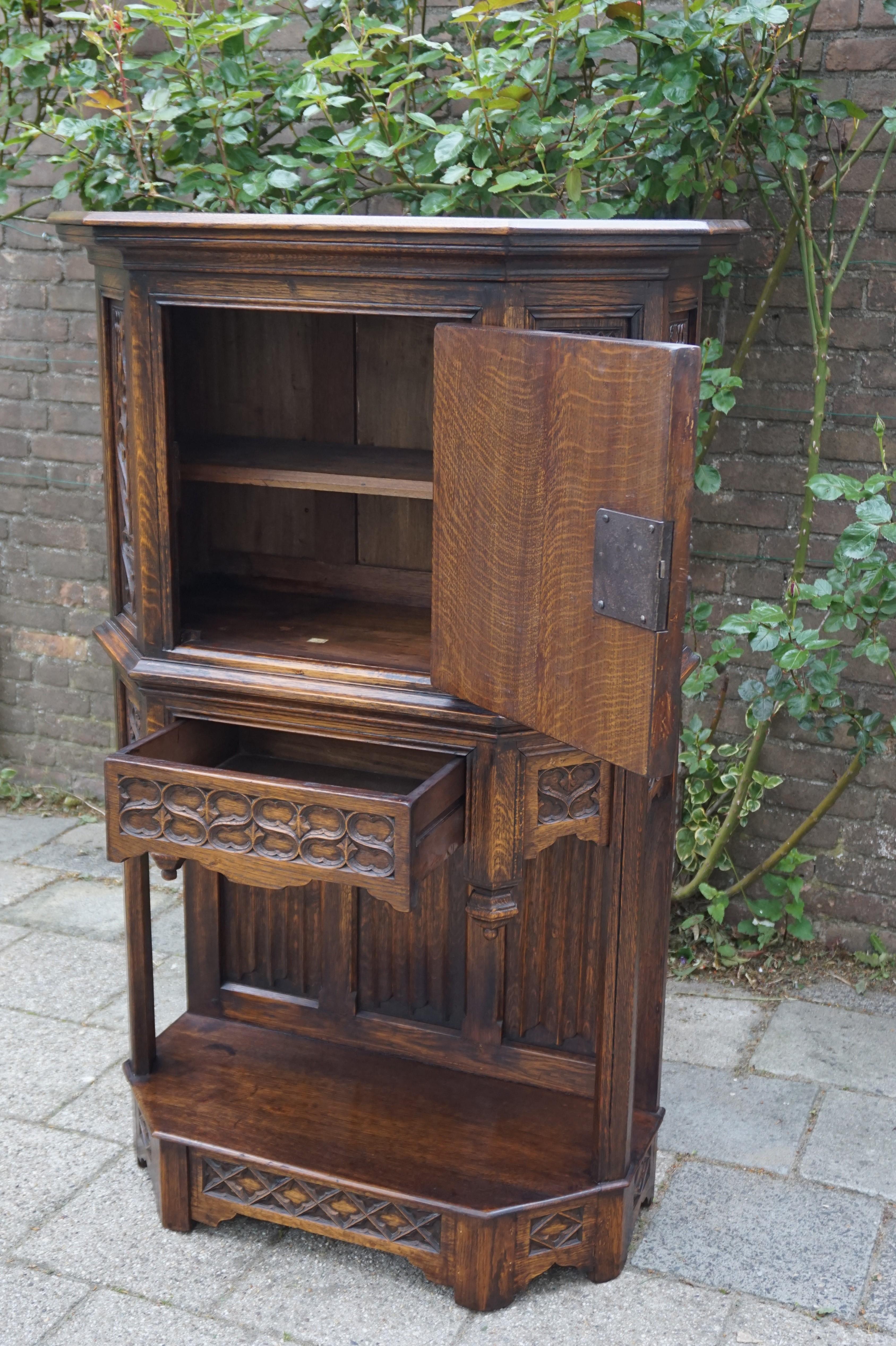Hand Carved and Half Open Gothic Revival Credenza or Drinks Cabinet with Drawer 4
