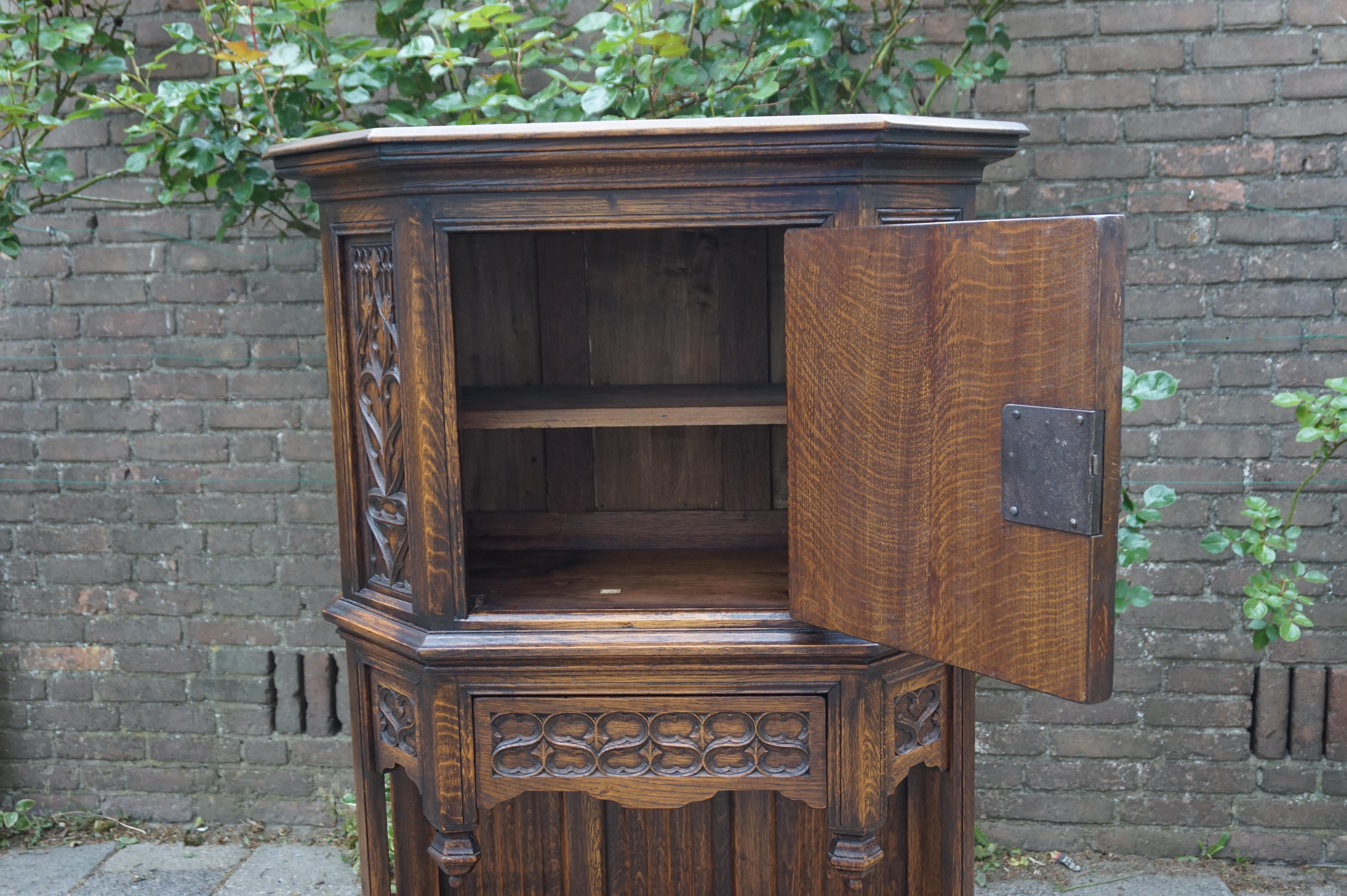 Hand Carved and Half Open Gothic Revival Credenza or Drinks Cabinet with Drawer 9