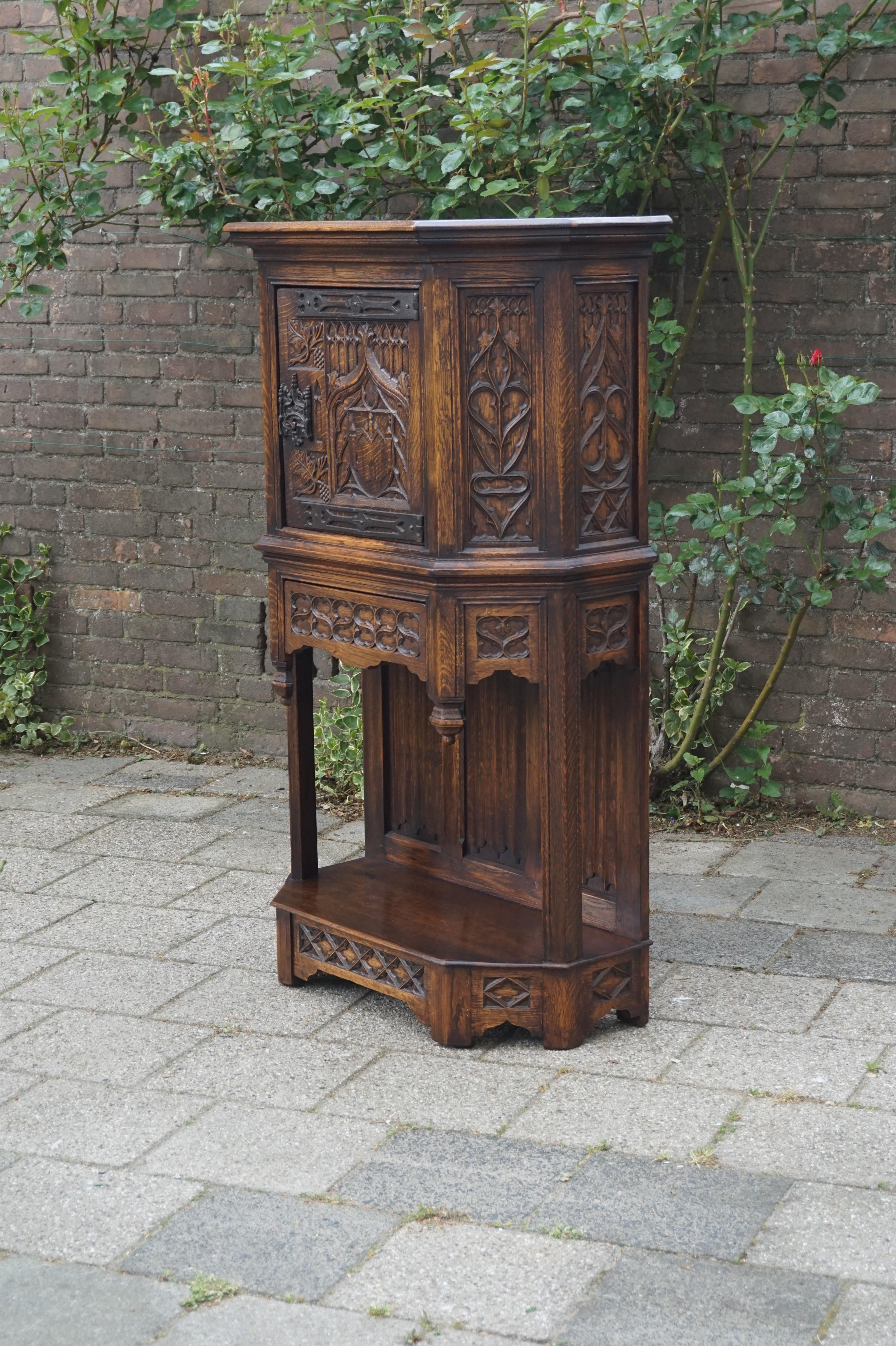 Hand Carved and Half Open Gothic Revival Credenza or Drinks Cabinet with Drawer 10