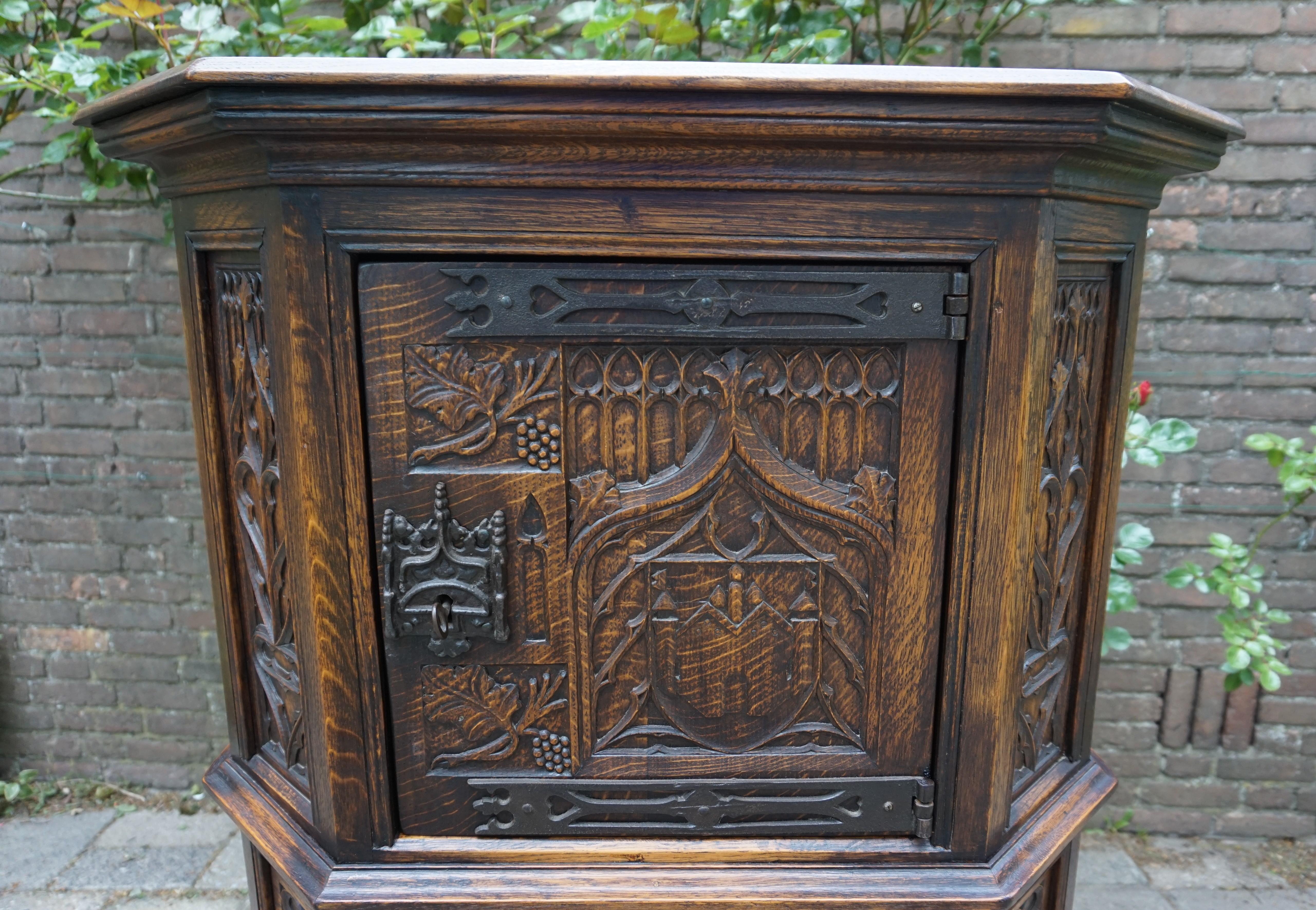Hand-Carved Hand Carved and Half Open Gothic Revival Credenza or Drinks Cabinet with Drawer