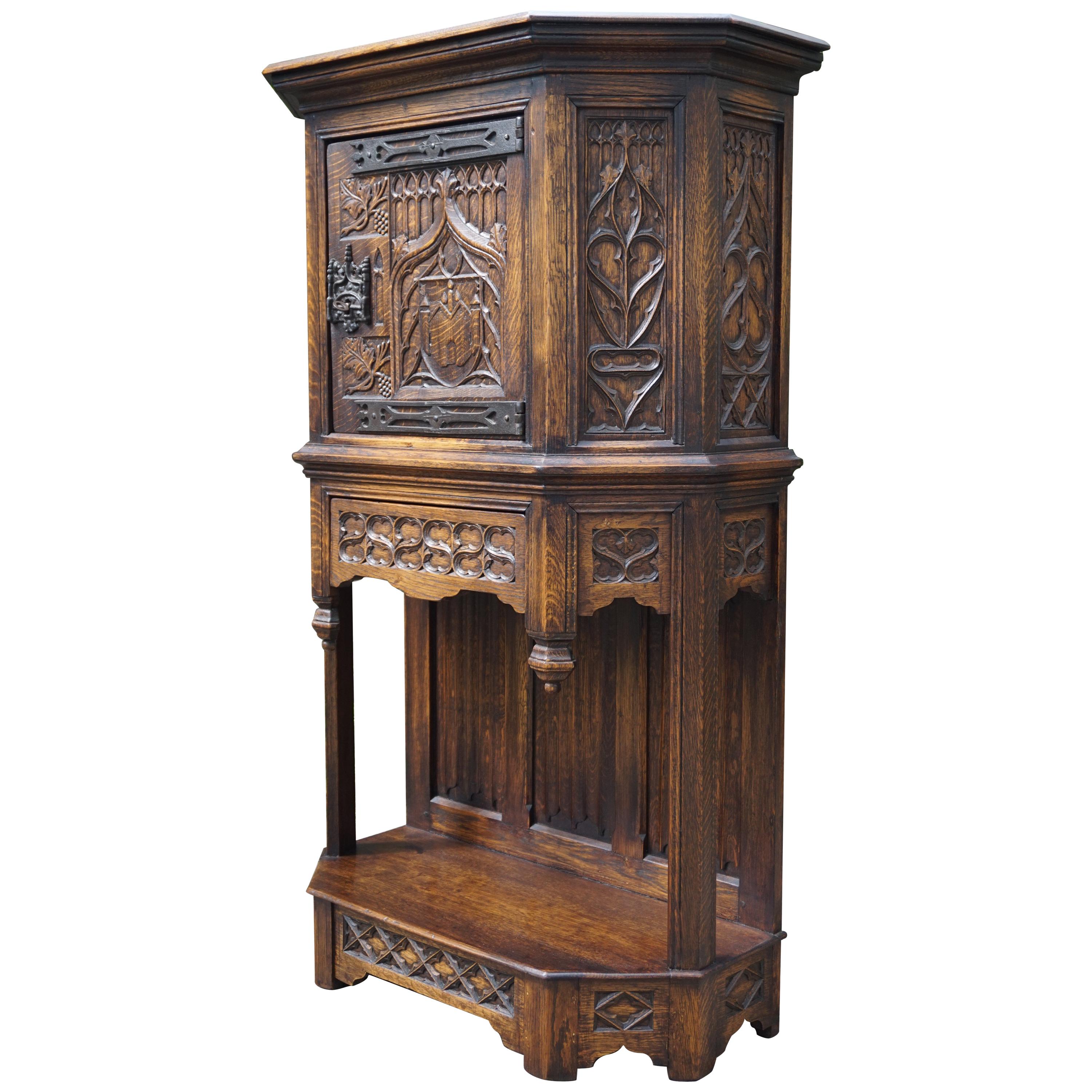 Hand Carved and Half Open Gothic Revival Credenza or Drinks Cabinet with Drawer
