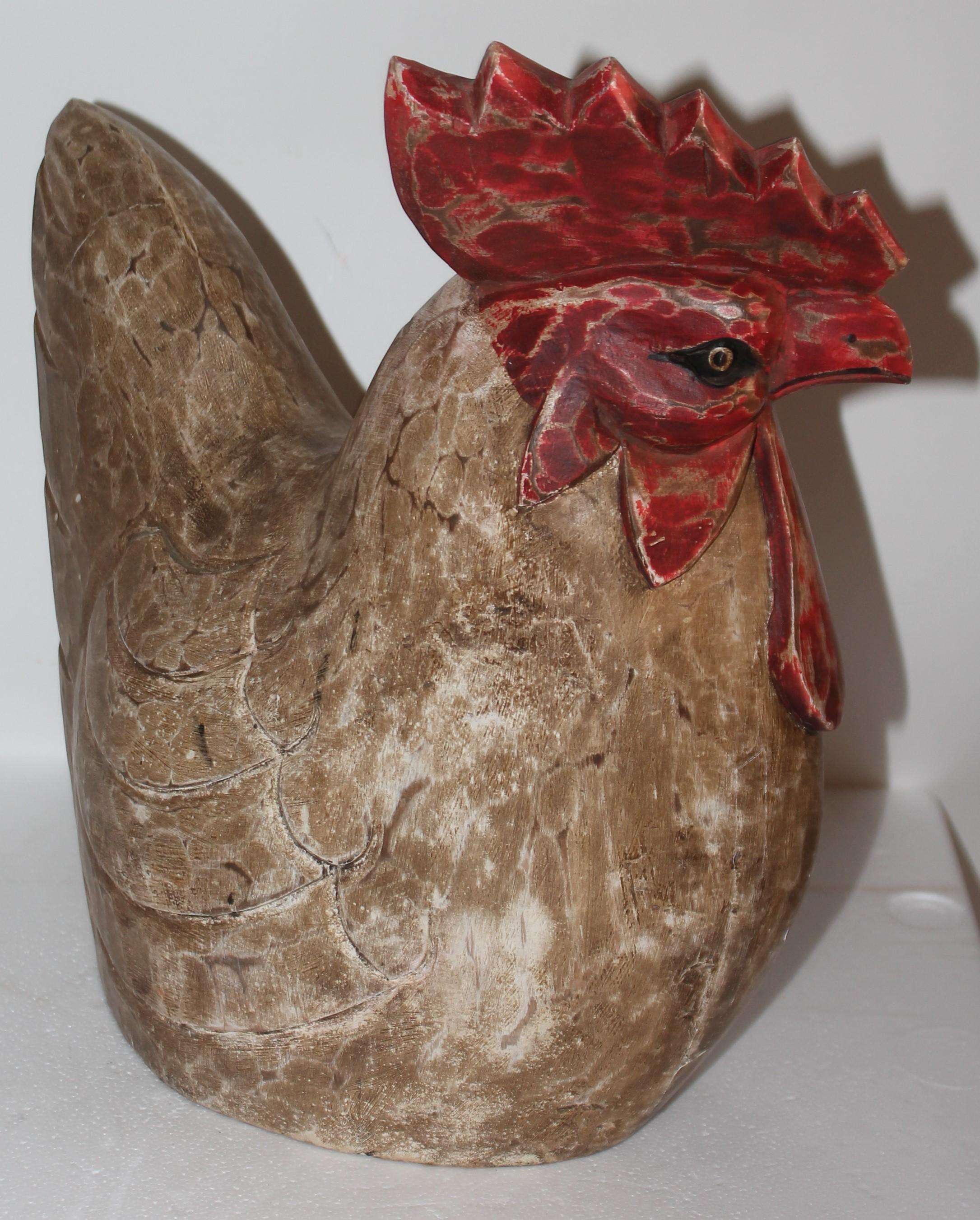 Hand carved & hand painted rooster sculpture. Very folky rooster.