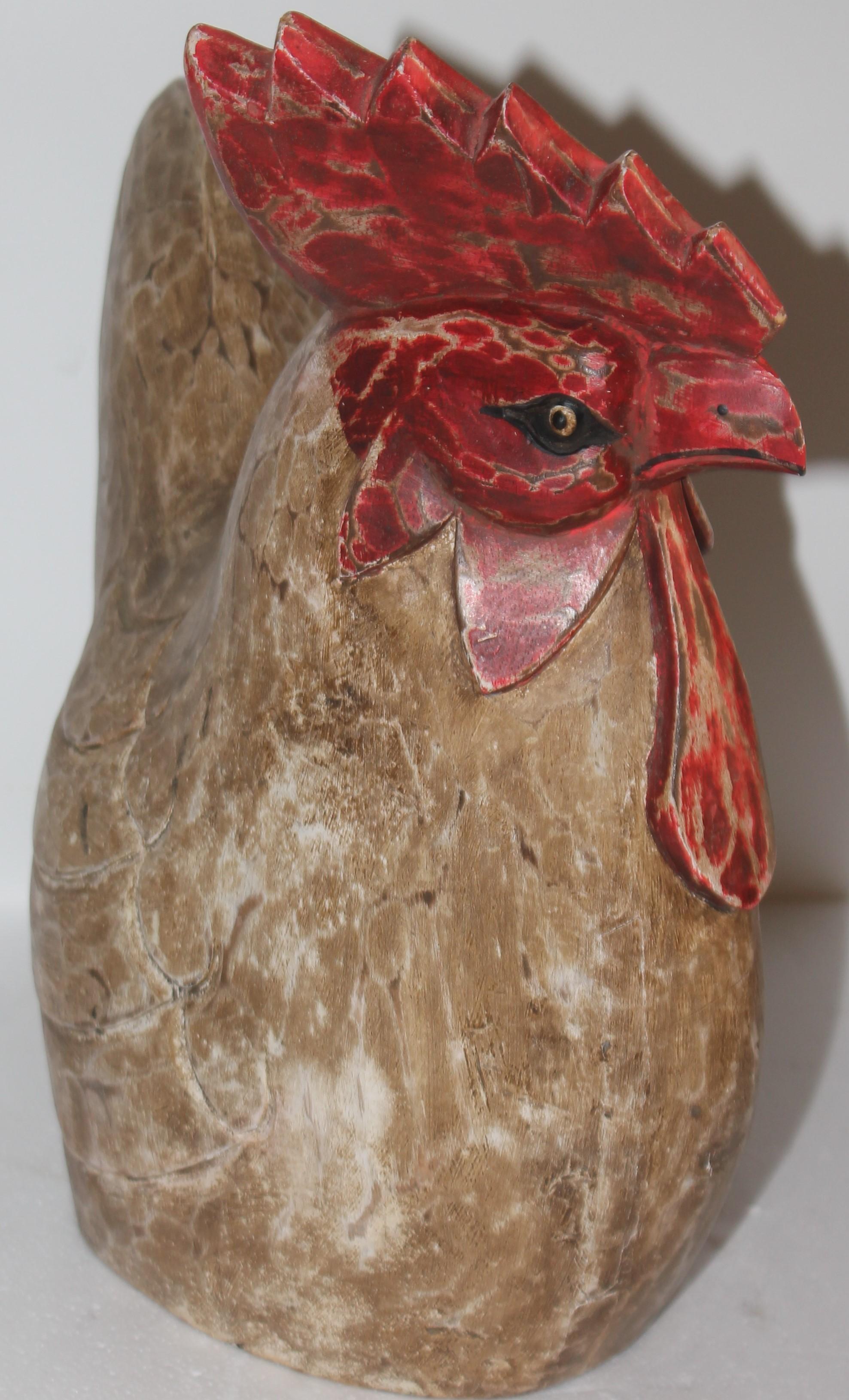 Folk Art Hand Carved & Hand Painted Rooster Sculpture For Sale