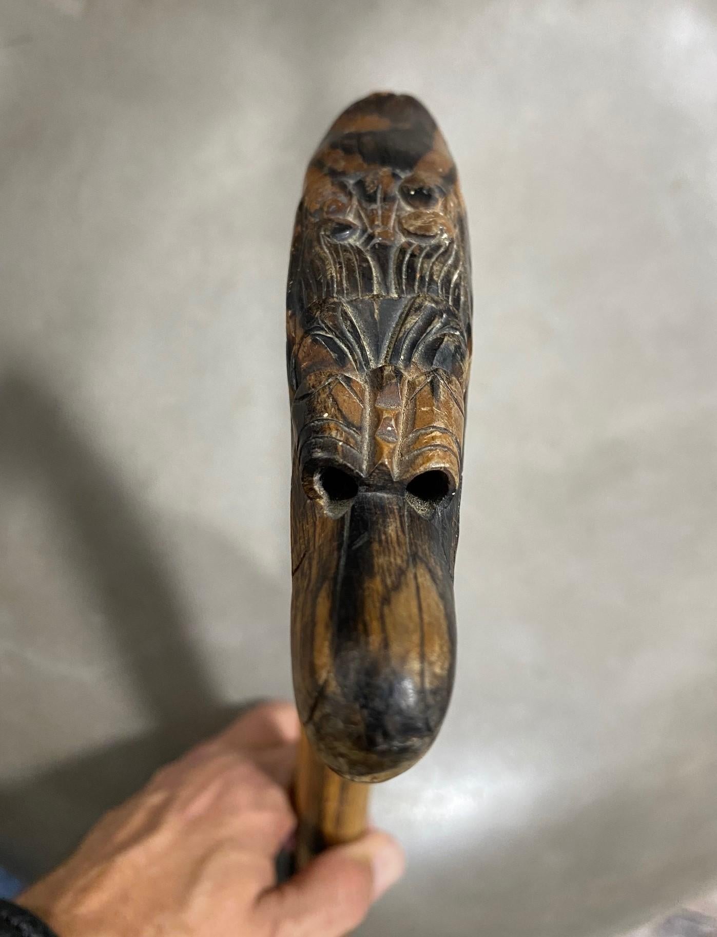 Hand Carved Hardwood Dragon Head Walking Cane Stick In Good Condition In Studio City, CA