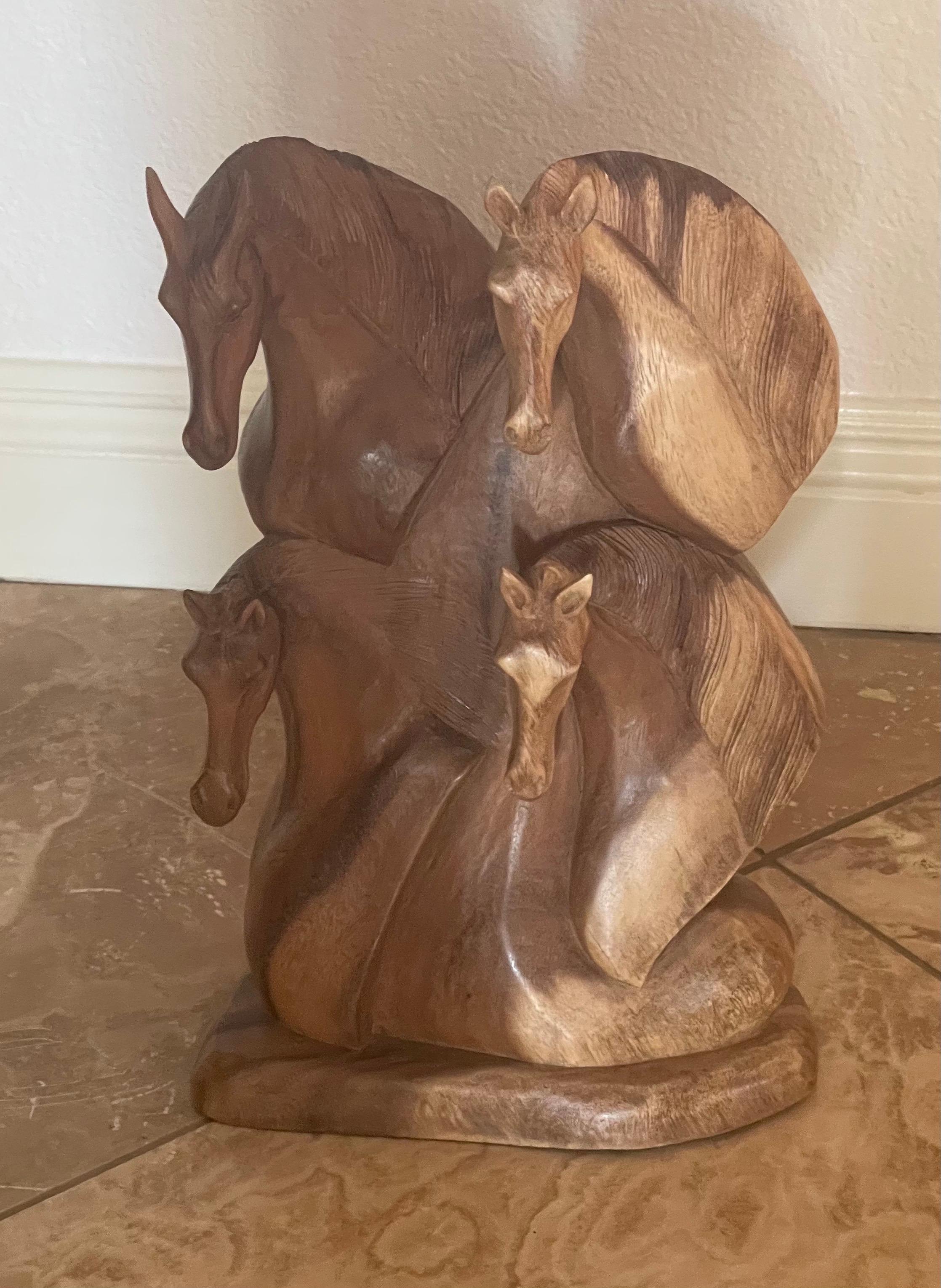 Hand Carved Hardwood Four Horse Head Sculpture For Sale 4