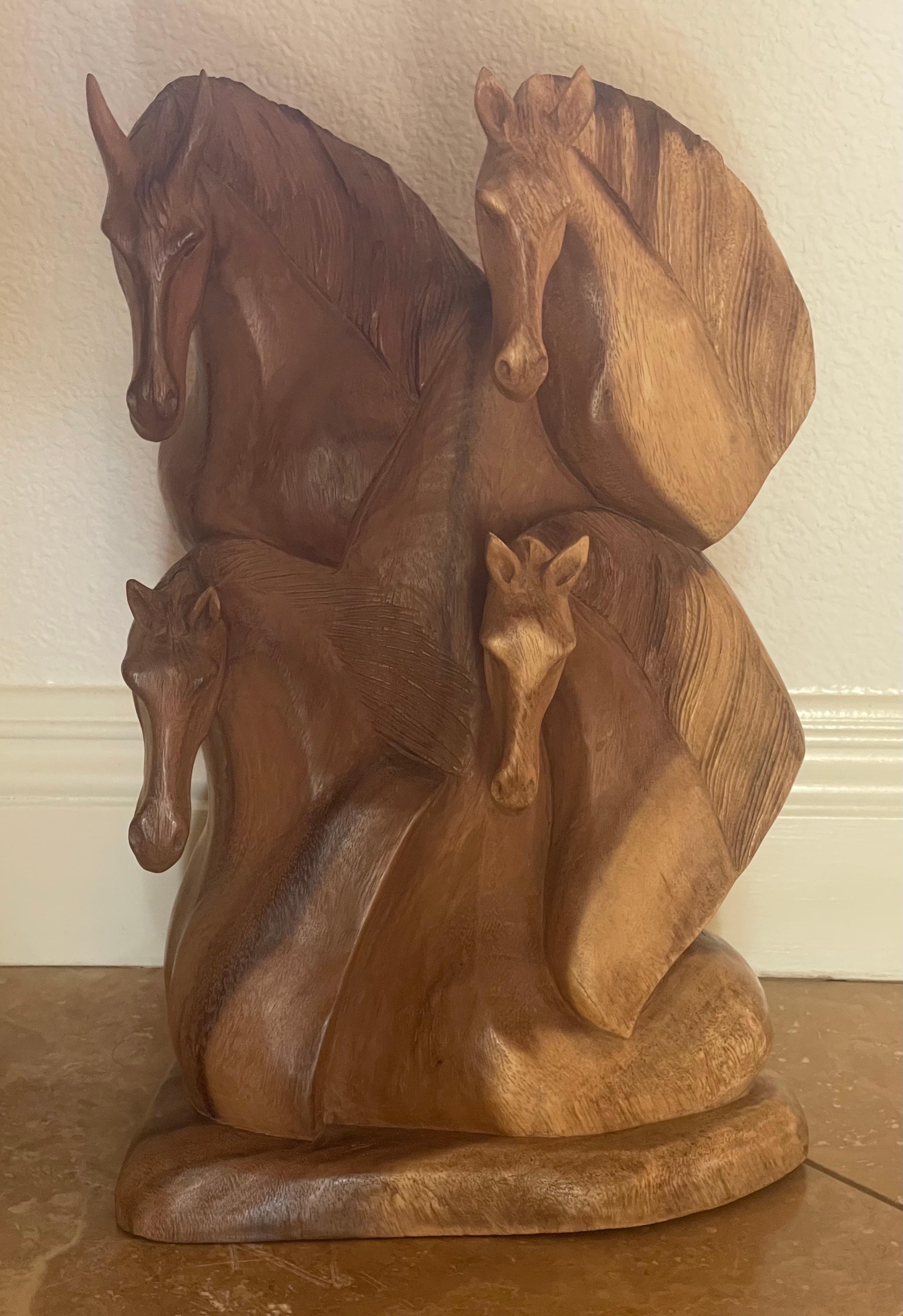 Hand Carved Hardwood Four Horse Head Sculpture For Sale 5