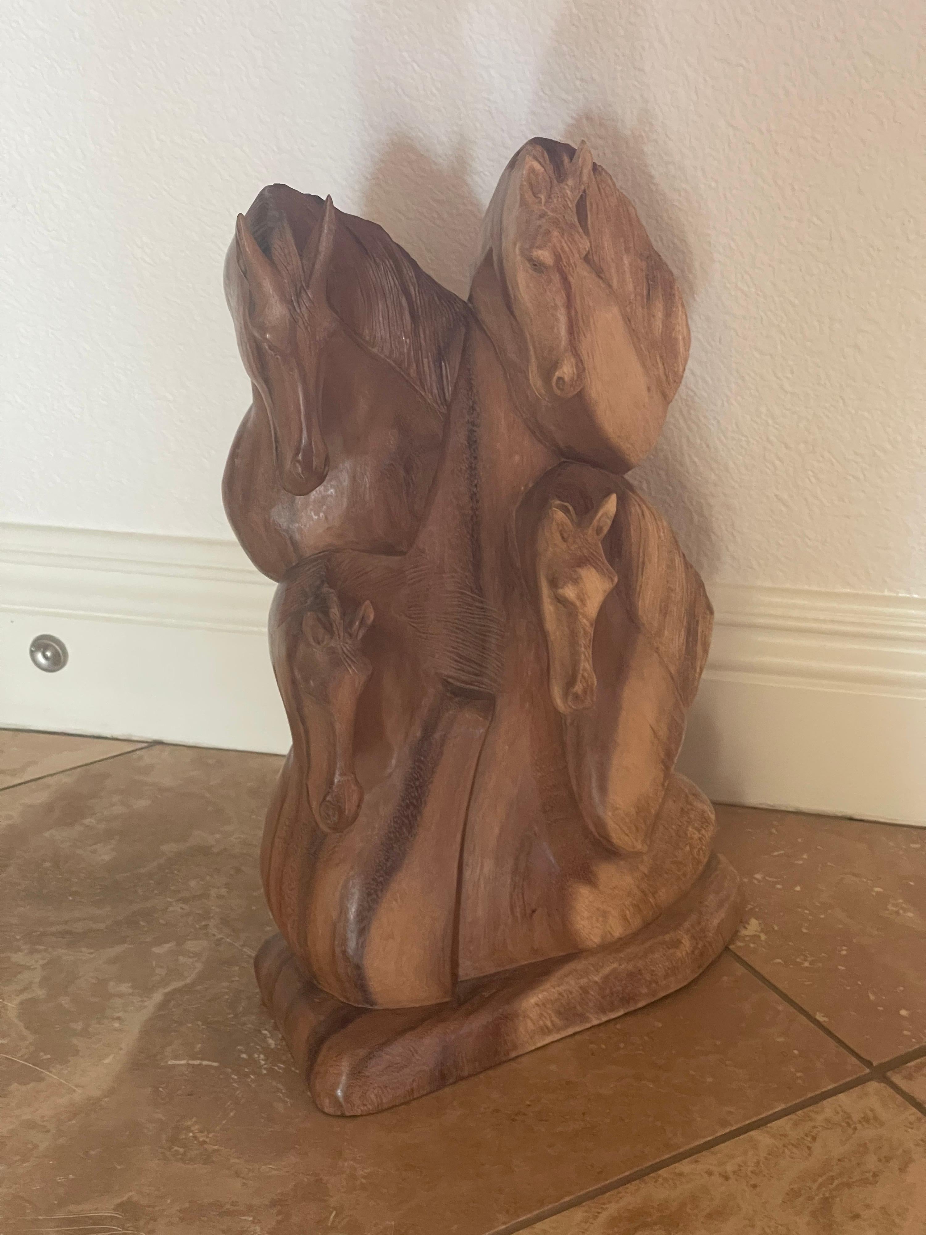 North American Hand Carved Hardwood Four Horse Head Sculpture For Sale