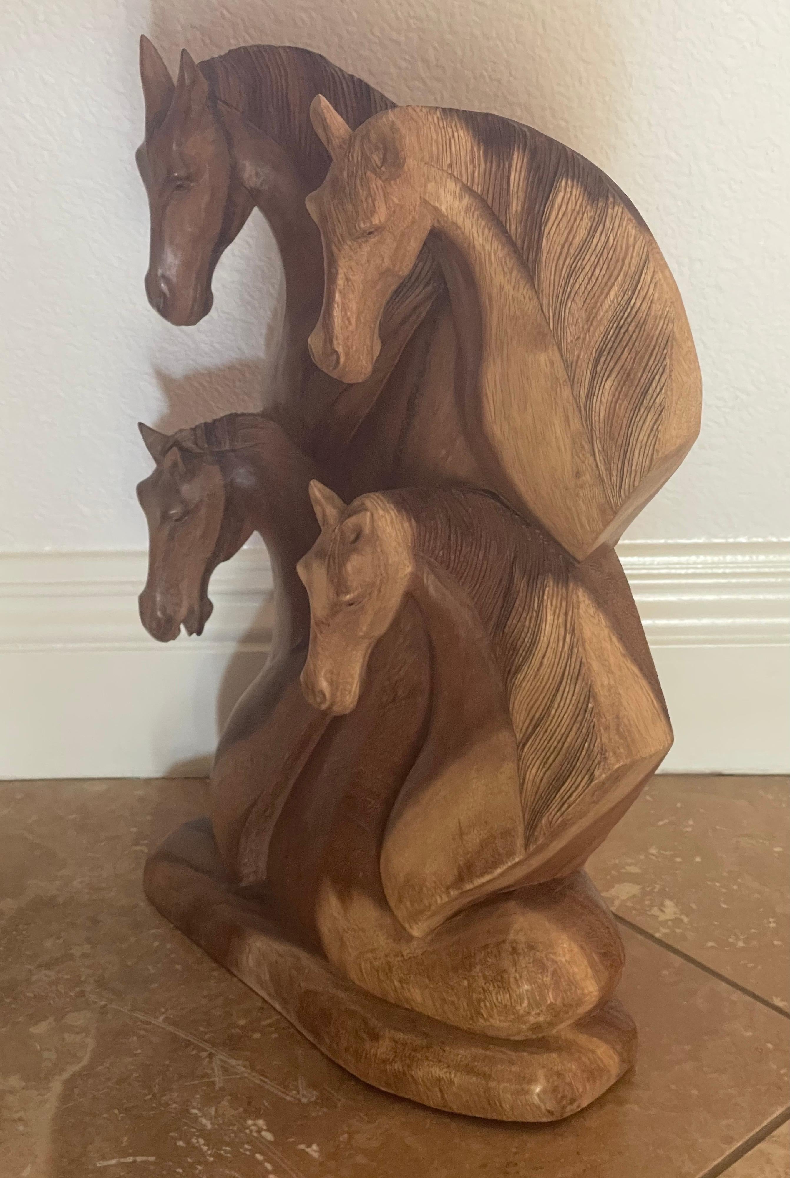 Hand Carved Hardwood Four Horse Head Sculpture In Good Condition For Sale In San Diego, CA