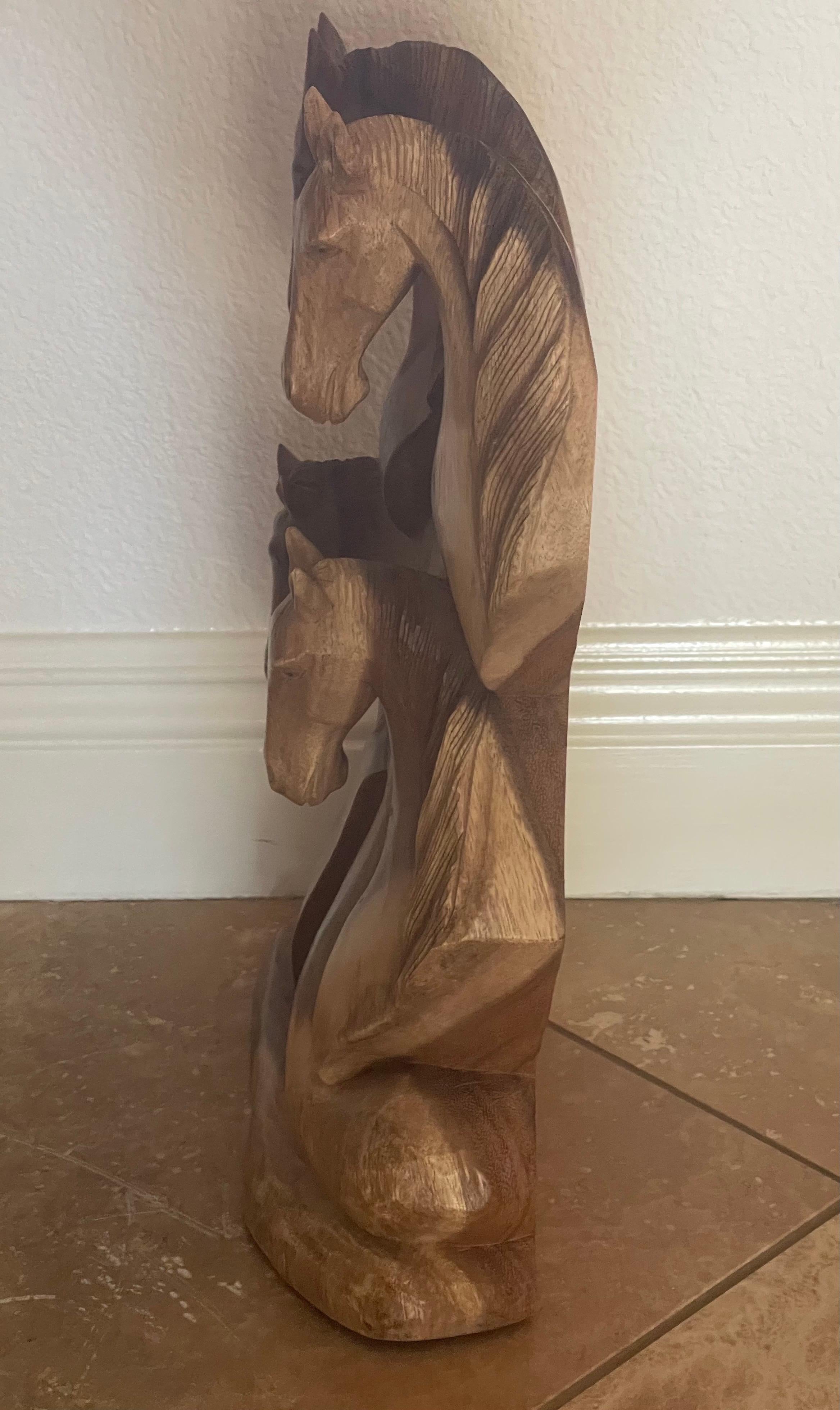 Hand Carved Hardwood Four Horse Head Sculpture For Sale 1