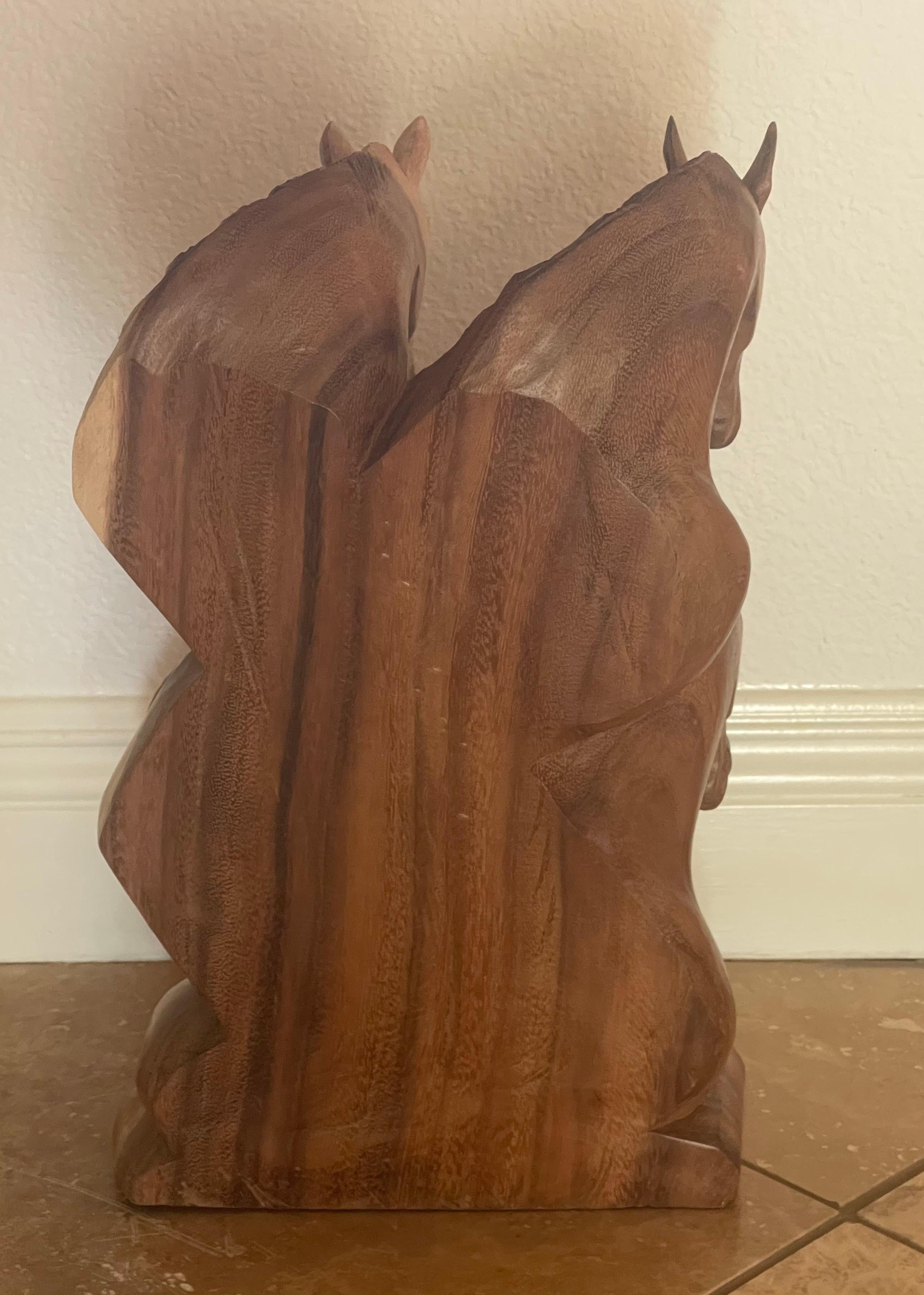 Hand Carved Hardwood Four Horse Head Sculpture For Sale 2