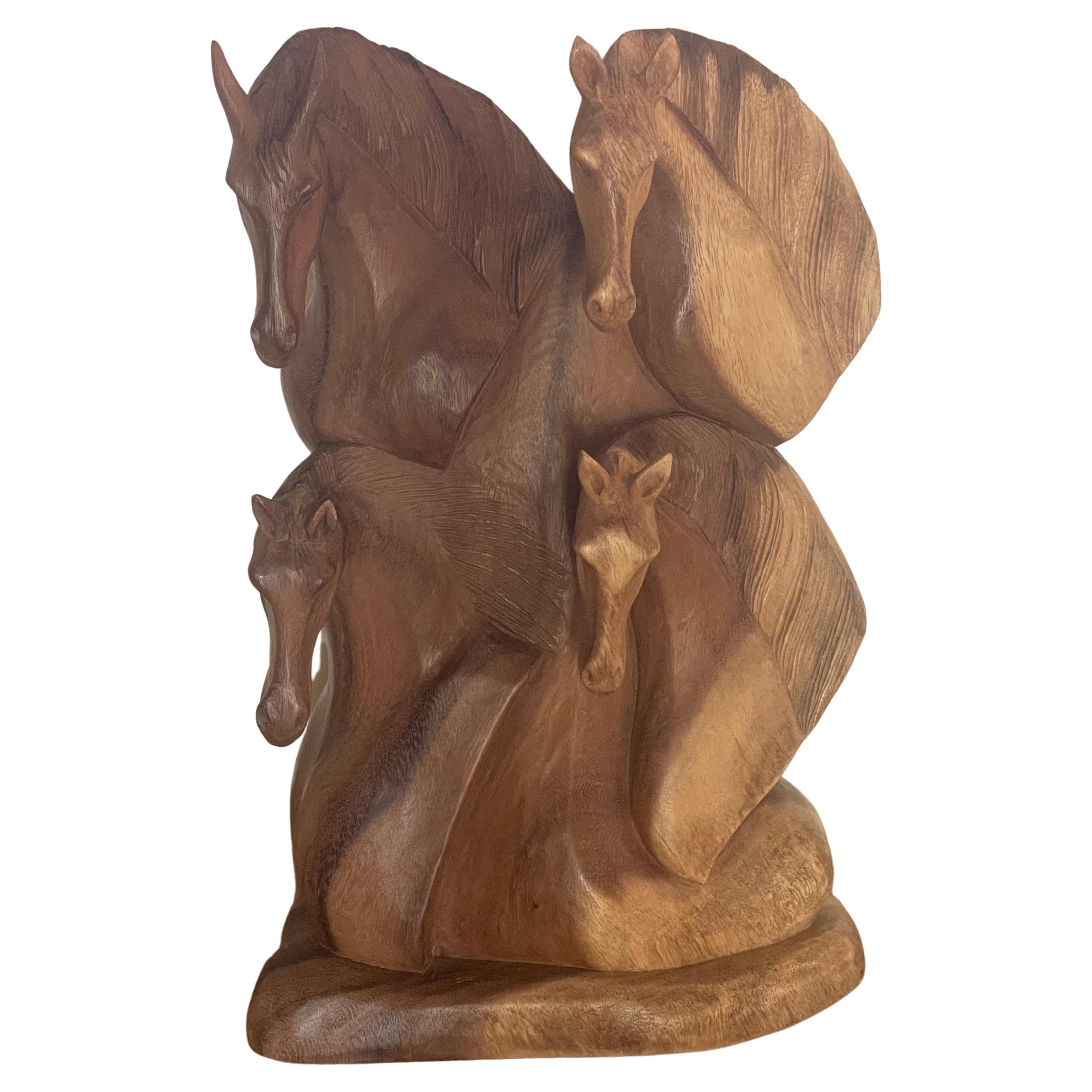 Hand Carved Hardwood Four Horse Head Sculpture For Sale