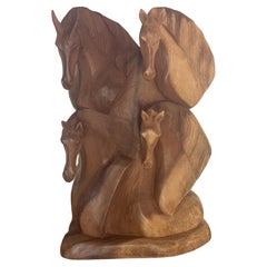 Hand Carved Hardwood Four Horse Head Sculpture