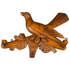 Hand Carved Hat Rack with Bird Carving and Three Wooden Hooks, Germany, 1920s