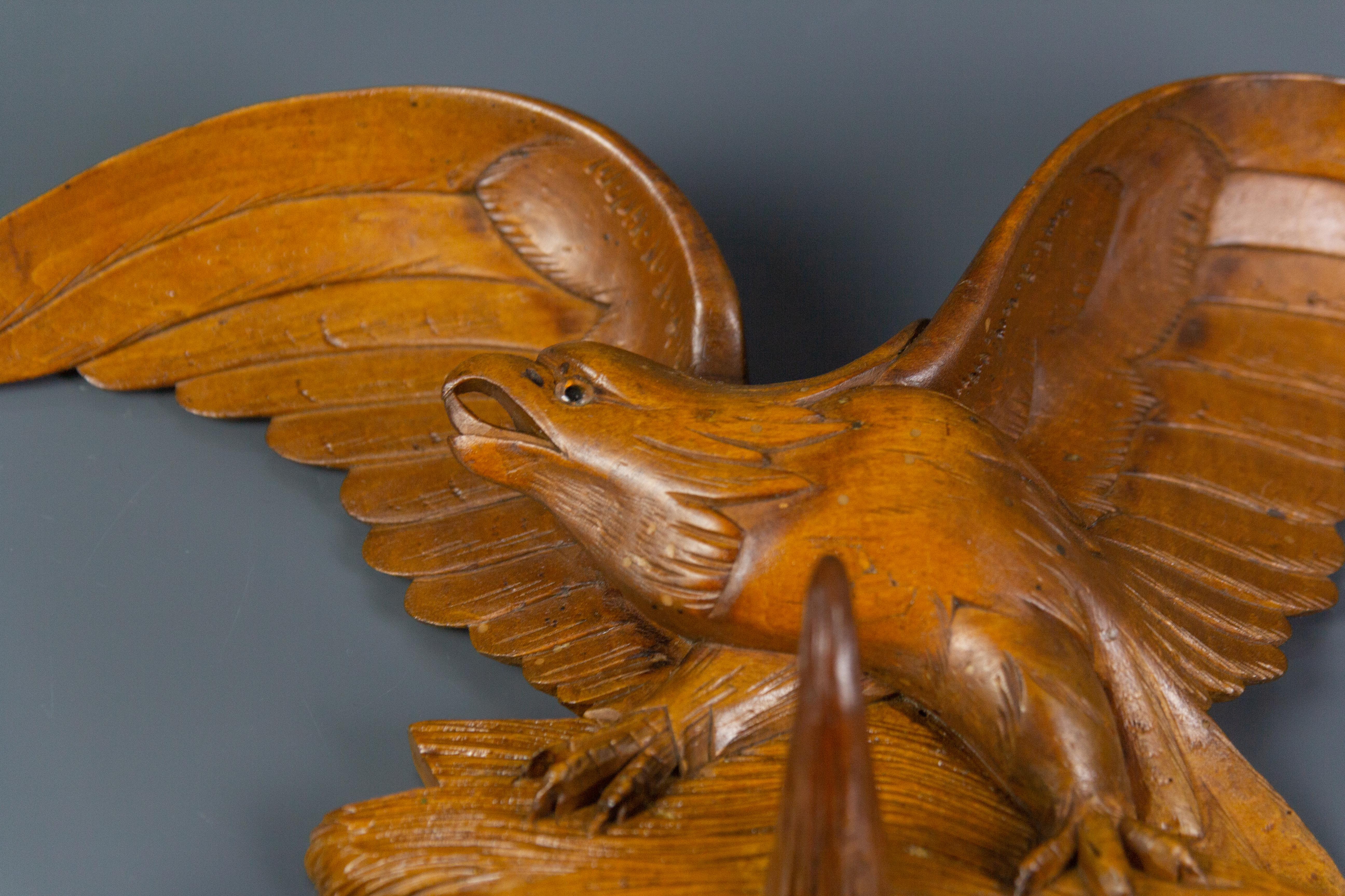 Hand Carved Hat Rack with Eagle Carving and Three Wooden Hooks, Germany, 1930s 1