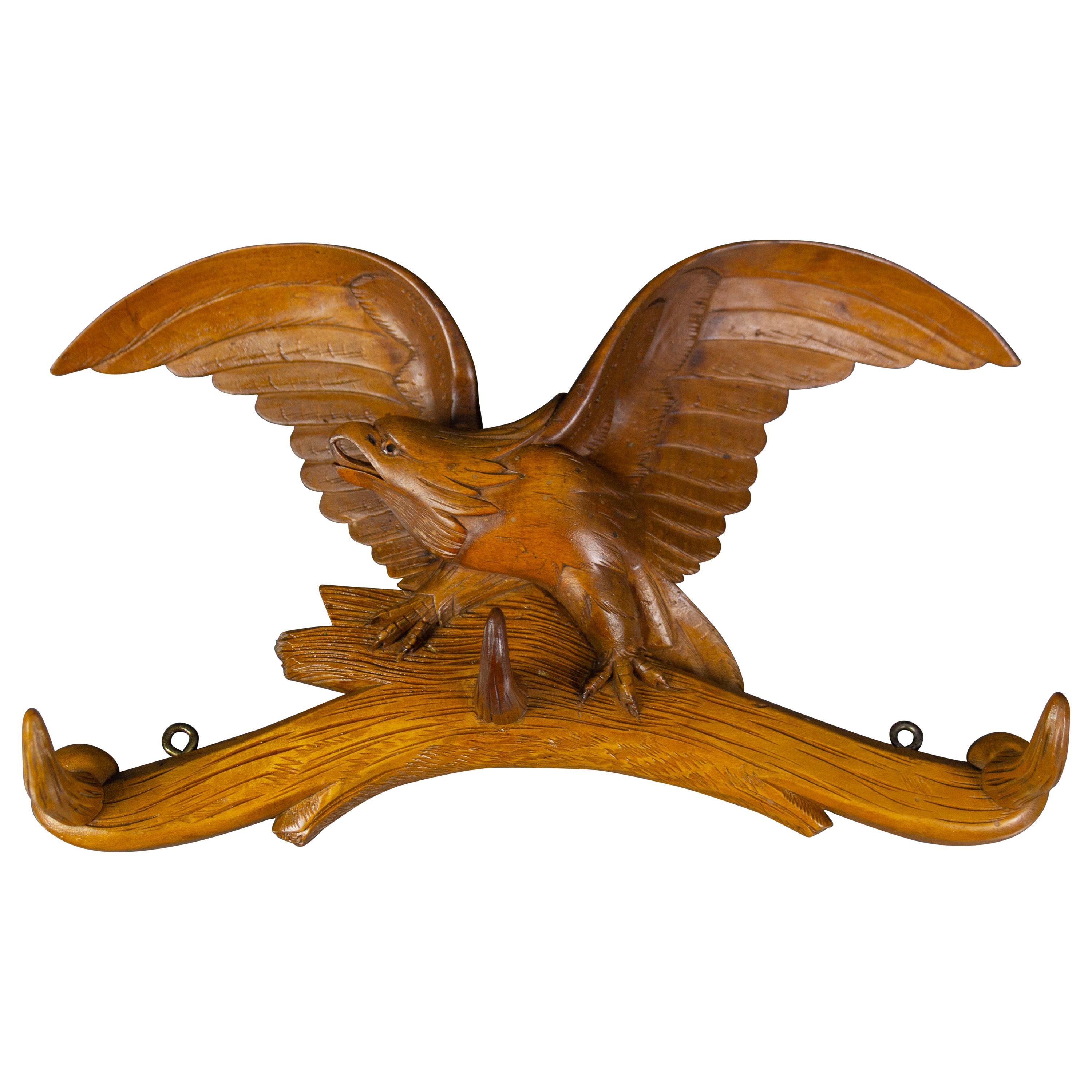 Hand Carved Hat Rack with Eagle Carving and Three Wooden Hooks, Germany, 1930s