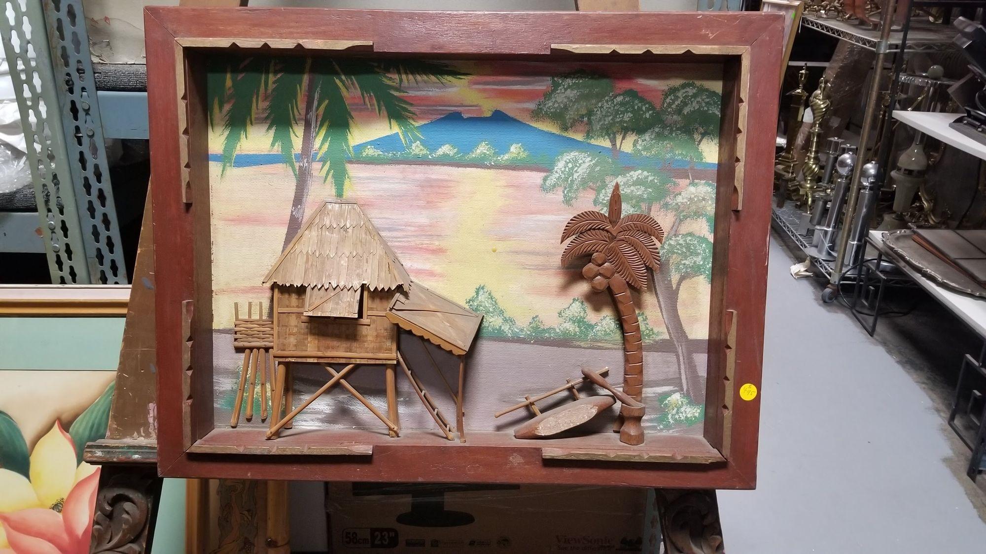 Unique mix media Mid-century 3D tropical beach scenic wall sculpture featuring a bamboo beach house made from bamboo and wicker in a koa wood frame with a hand-carved koa wood boat next to a palm tree carved in the same koa wood. This whole scene