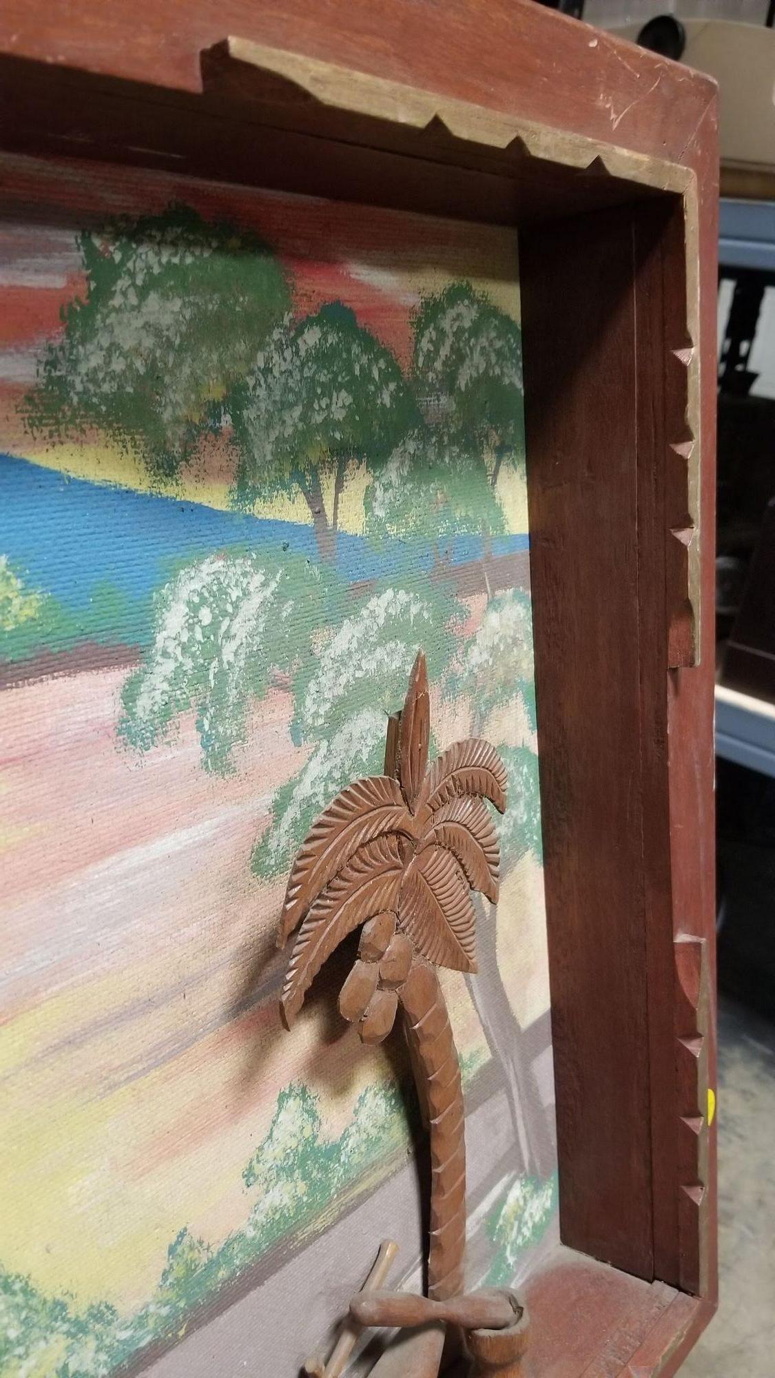 Mid-20th Century Hand Carved Hawaiian 3D Scenic Wall Scupture w/ Painted Background in Frame For Sale