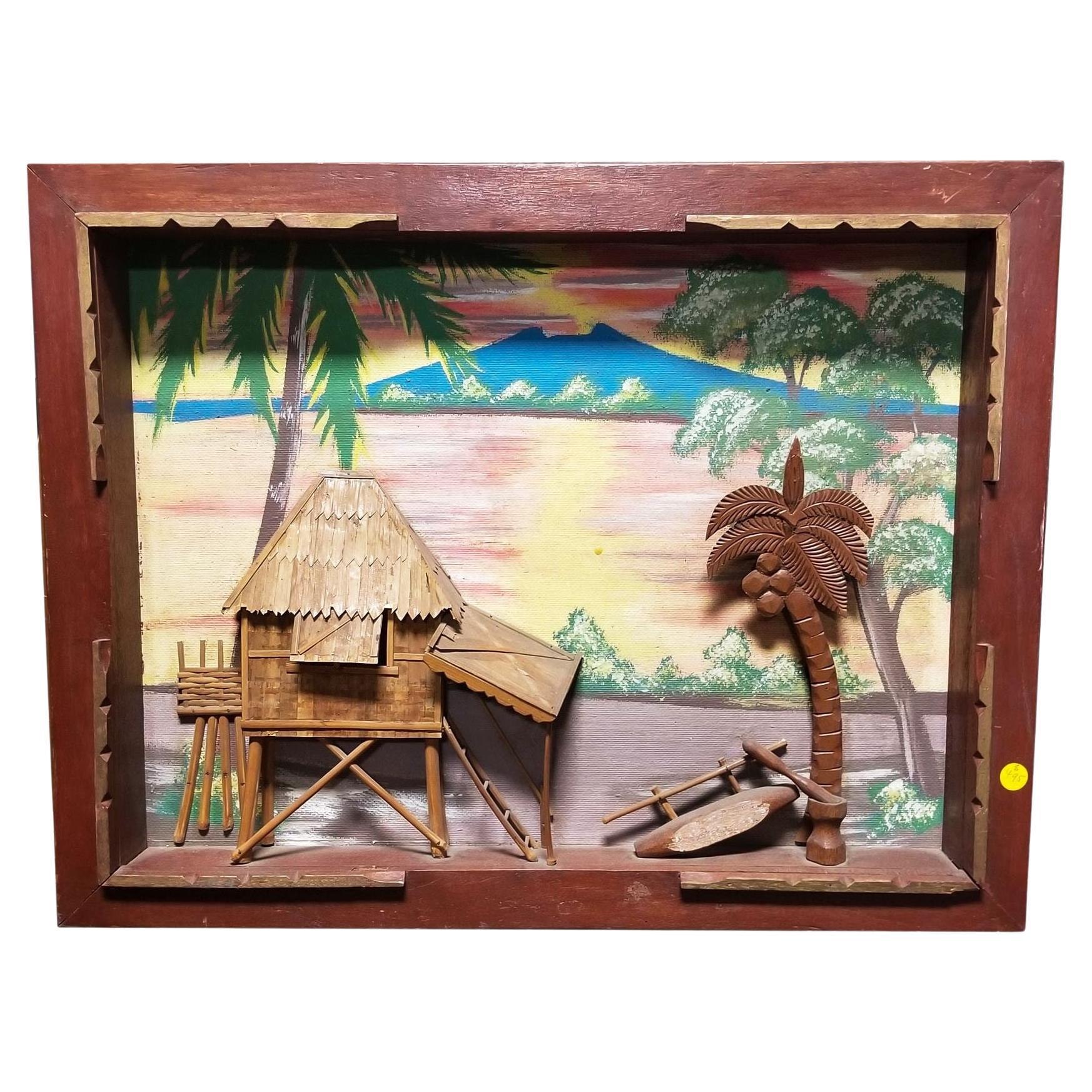 Hand Carved Hawaiian 3D Scenic Wall Scupture w/ Painted Background in Frame For Sale