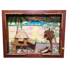 Vintage Hand Carved Hawaiian 3D Scenic Wall Scupture w/ Painted Background in Frame