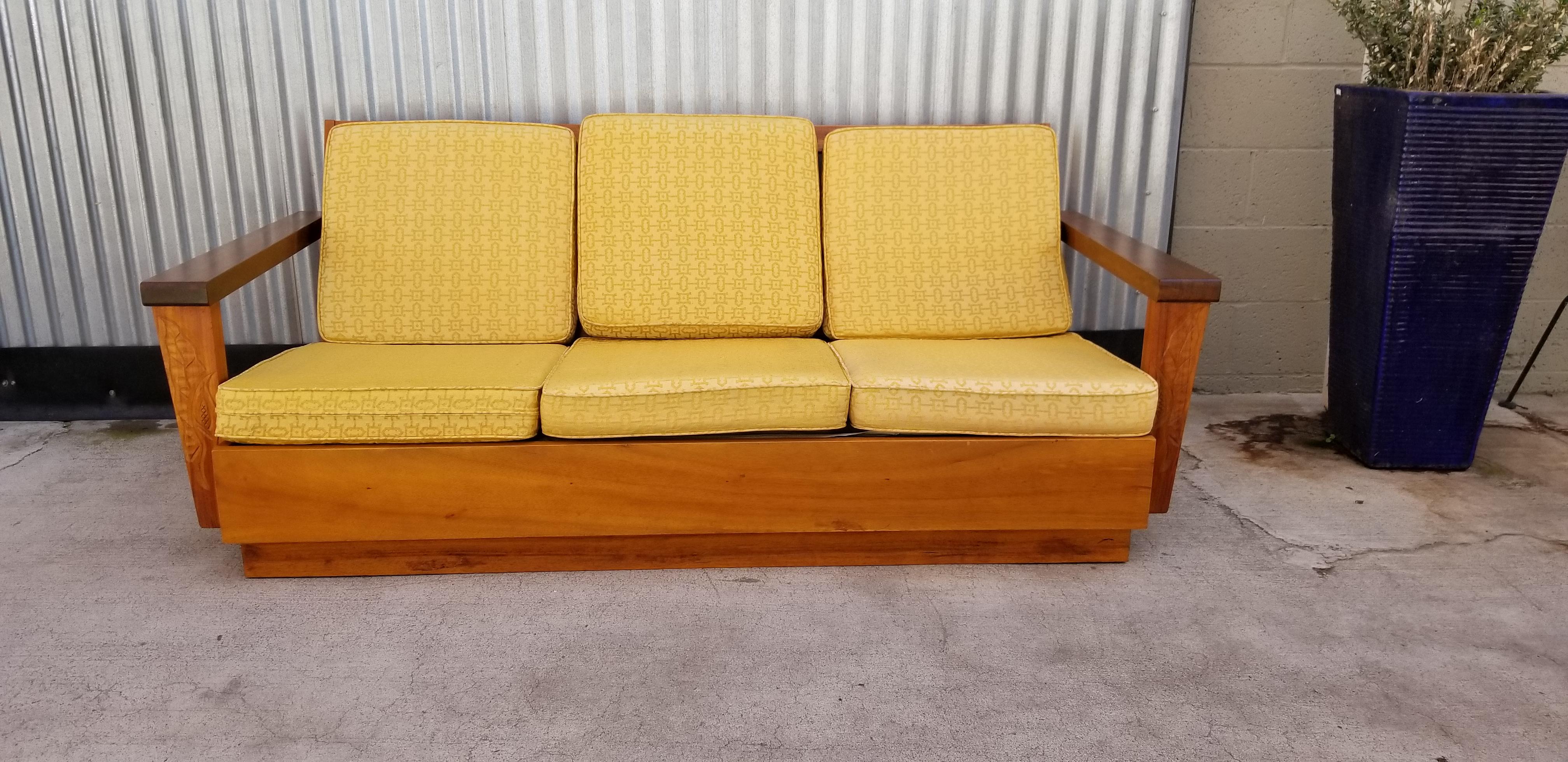Mid-Century Modern Hand-Carved Hawaiian Solid Koa Sofa