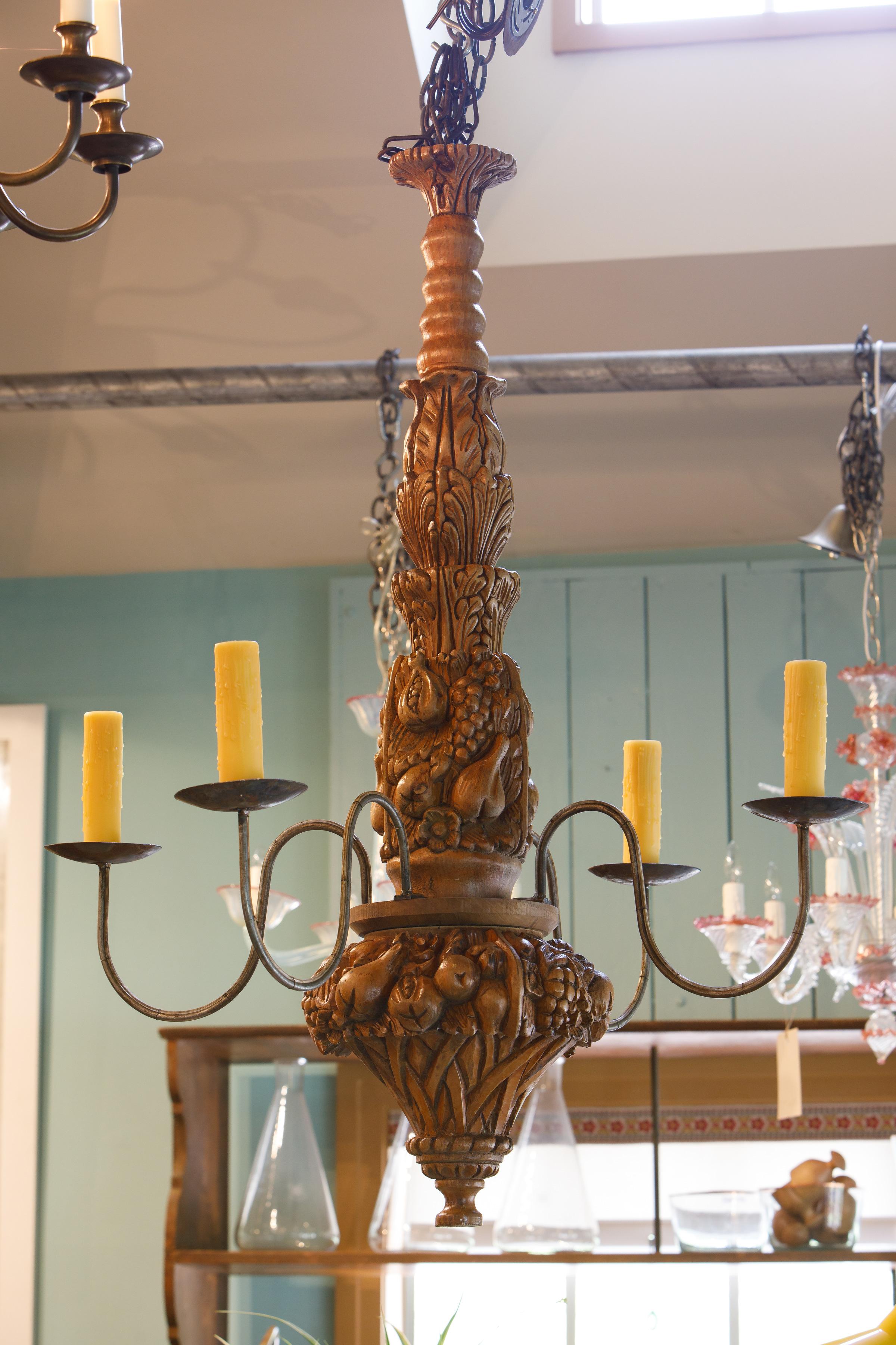 Anglo-Indian Hand-Carved Heavy Relief Antique English Wooden Chandelier of Anglo Dutch design For Sale