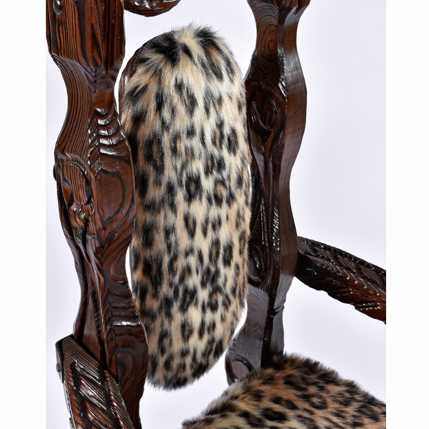 Hand Carved High Back Witco Tiki Throne King Chairs in Faux Leopard Fur For Sale 2