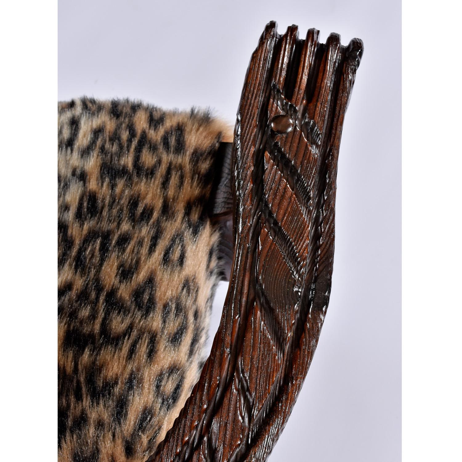 Hand Carved High Back Witco Tiki Throne King Chairs in Faux Leopard Fur For Sale 7