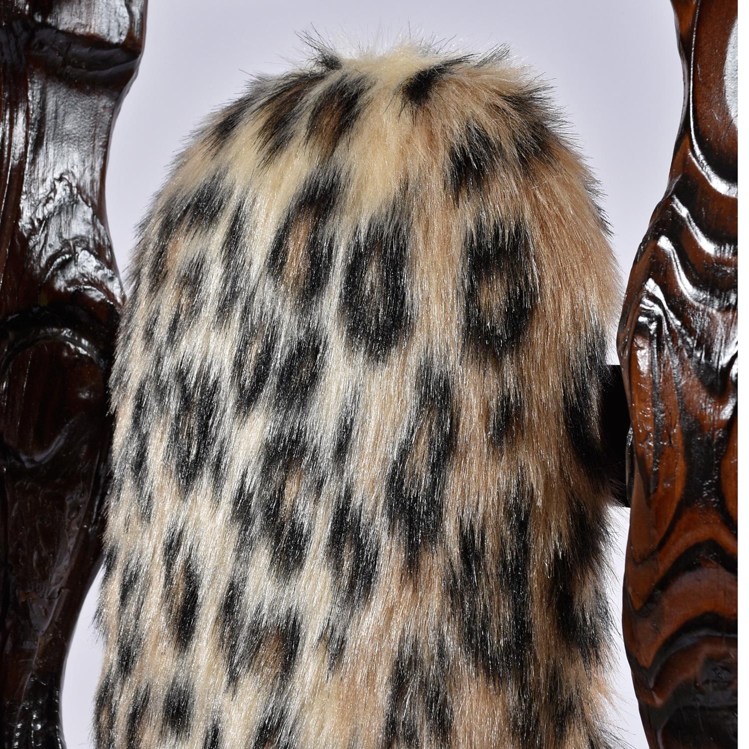Hand Carved High Back Witco Tiki Throne King Chairs in Faux Leopard Fur For Sale 9